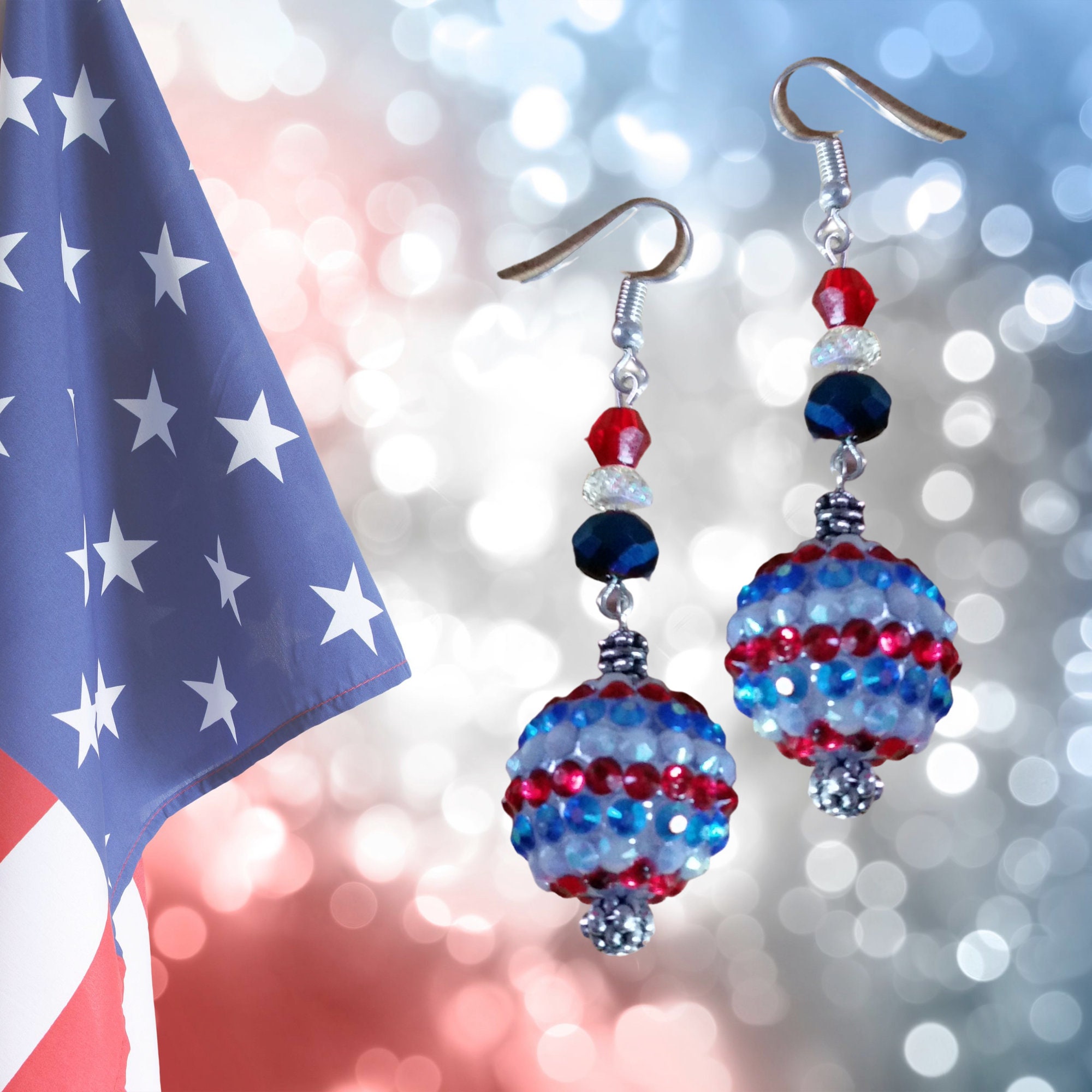 Patriotic Earrings-American Red White Blue Earrings-USA Patriotic Jewelry-4th of July Earrings - Independence Day Gift -USA Crystal Earrings