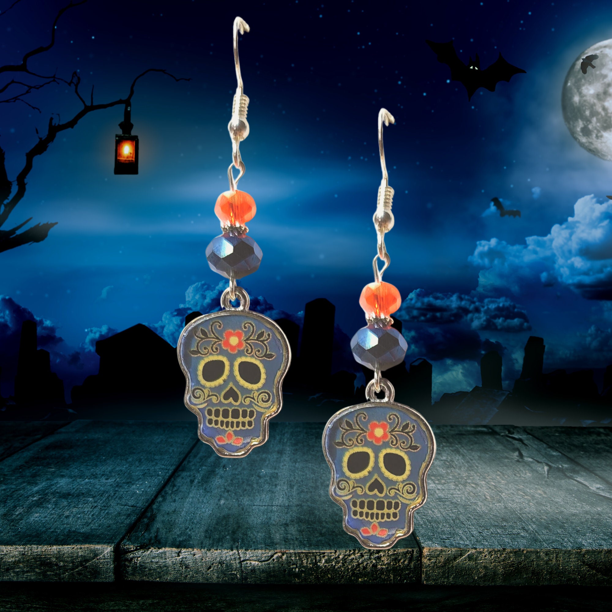 Halloween Earrings-Colorful Skull Earrings-Day of the Dead Skull Earrings (5 colors to choose from)-Kawaii Earrings-Halloween Gift Earrings - Thumbnail 6