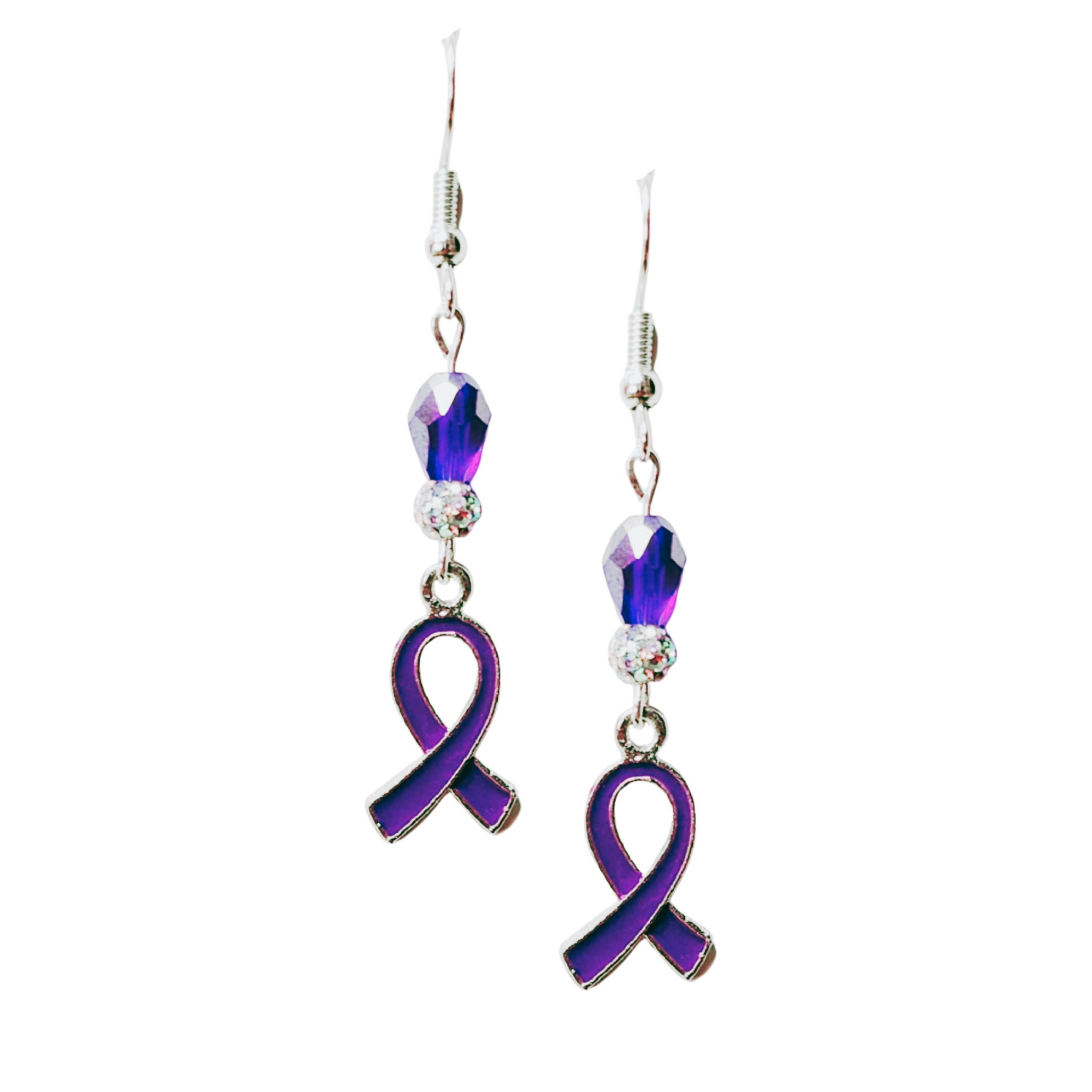 Purple Ribbon Cancer Awareness Earrings - Pancreatic Cancer Awareness Earrings - Lupus Awareness Earrings - Purple Crystal Cancer Gift - Thumbnail 2