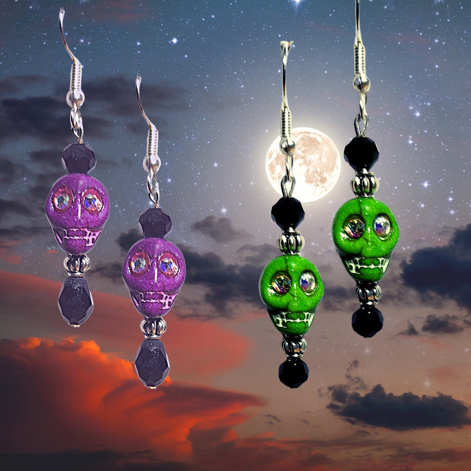 Halloween earrings - Colorful Skull Earrings - Crystal Skull Earrings (2 colors to choose from) - Crystal Eyed Skull Earrings