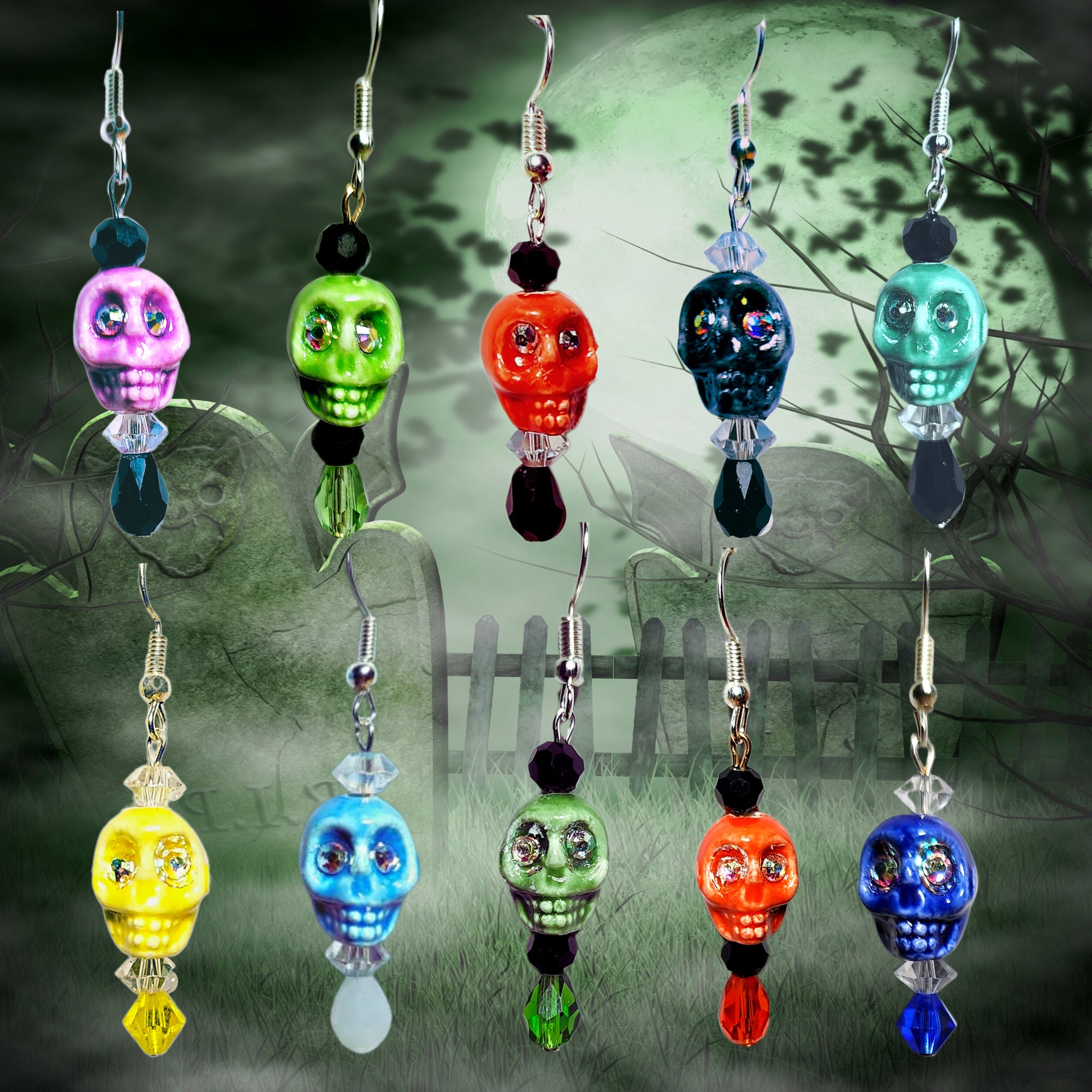 Halloween earrings - Colorful Skull Earrings - Crystal Skull Earrings (6 colors to choose from) - Crystal Eyed Skull Earrings