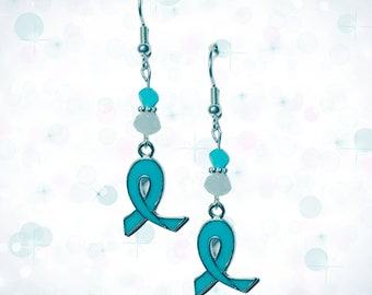 Teal Ribbon Cancer Awareness Earrings - Ovarian Cancer Awareness Earrings - Cervical Awareness Earrings - Teal Crystal Cancer Earrings Gift