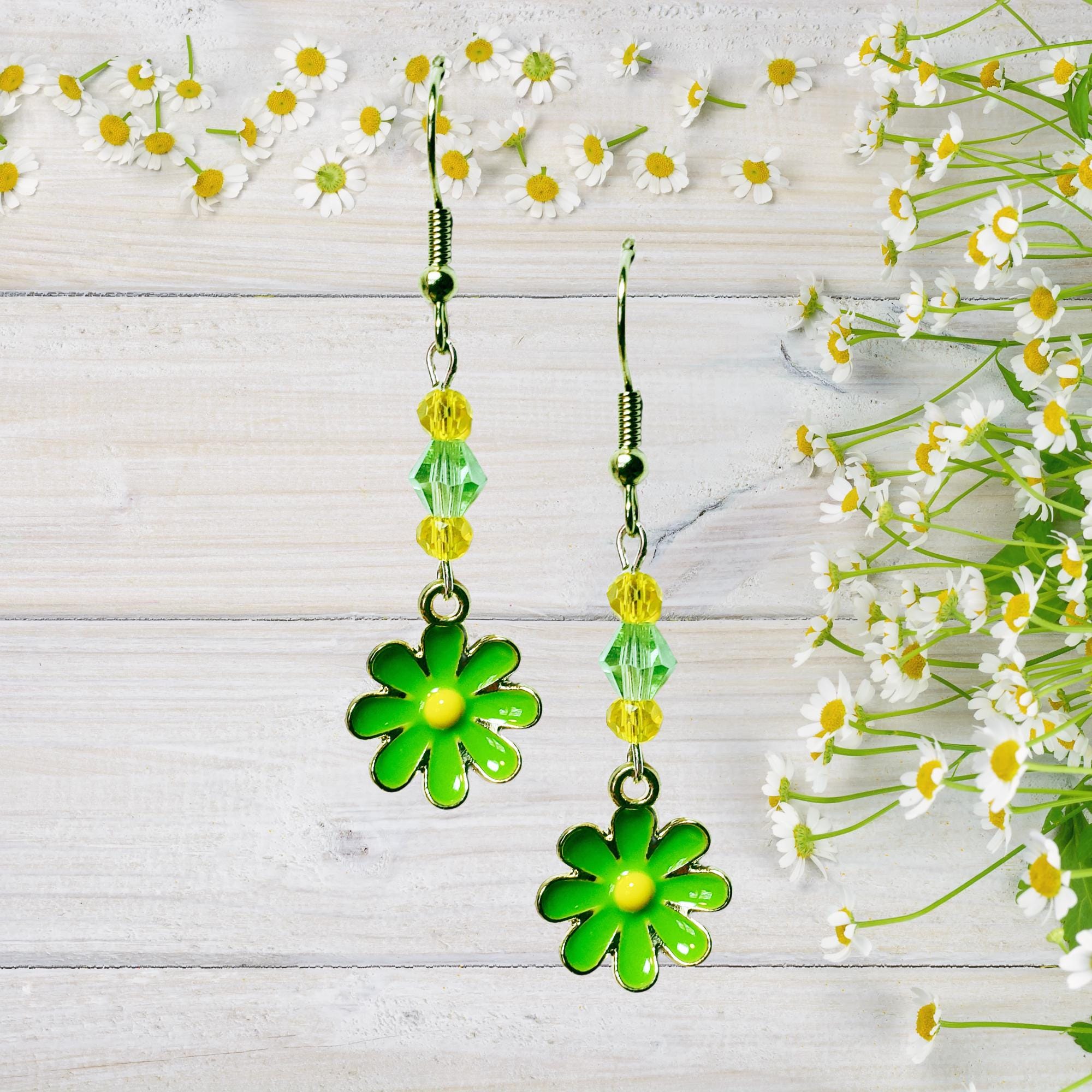 Daisy Earrings - Green Flower Earrings - Crystal Flower Earrings - Yellow Flower Earrings - Blue Flower Earrings - Kawaii Earrings - Thumbnail 4