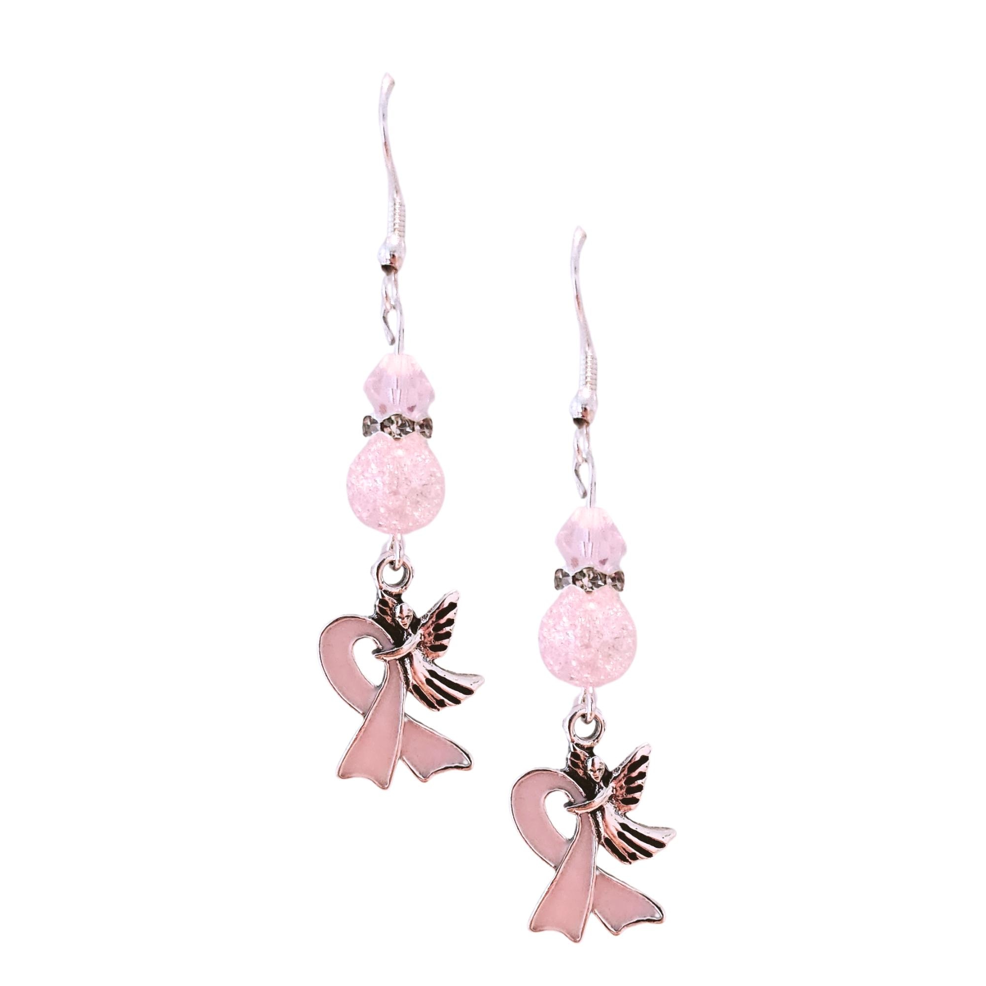 Pink Ribbon with Angel Breast Cancer Earrings - Pink Crystal Earrings - Elegant Pink Cancer Awareness Gift