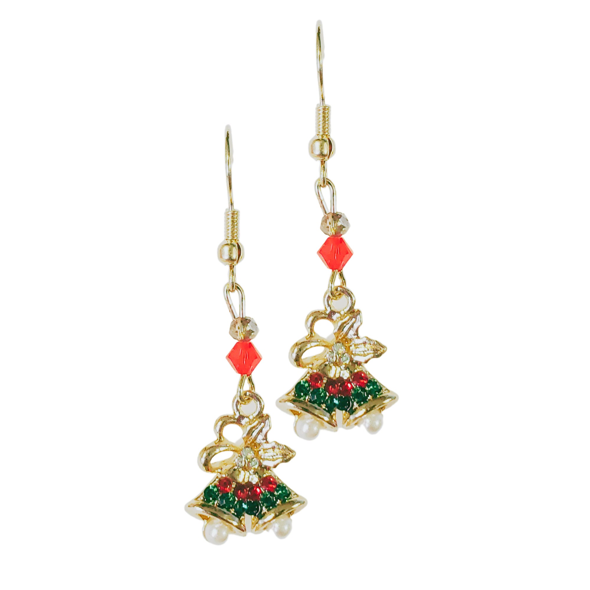 Christmas Earrings - Christmas Bells Earrings - Kawaii Earrings - Christmas Gift Earrings - Red Crystal Earrings - Green Crystal Earring - Thumbnail 2