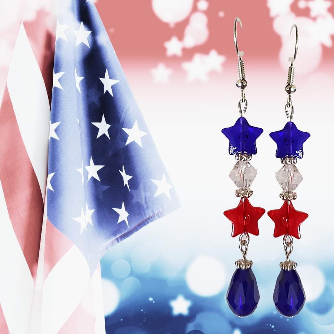 USA Stars and Teardrop Patriotic Crystal Earrings - 4th of July Earrings - Independence Day Gift Earrings - Long USA Earrings