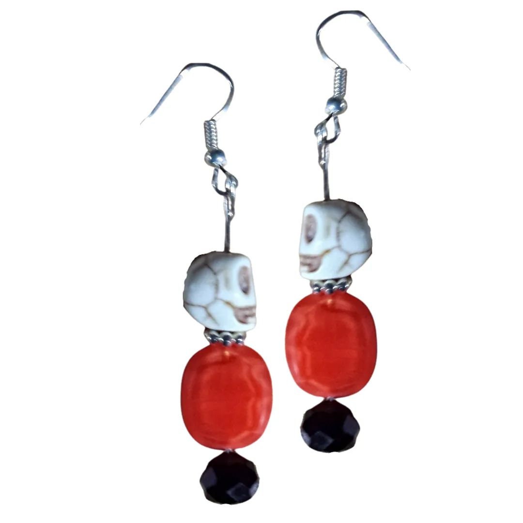 Halloween Earrings - Skull Earrings - Ivory Skull Earrings - Kawaii Earrings - Orange Earrings - Black Crystal Earrings - Halloween Gift