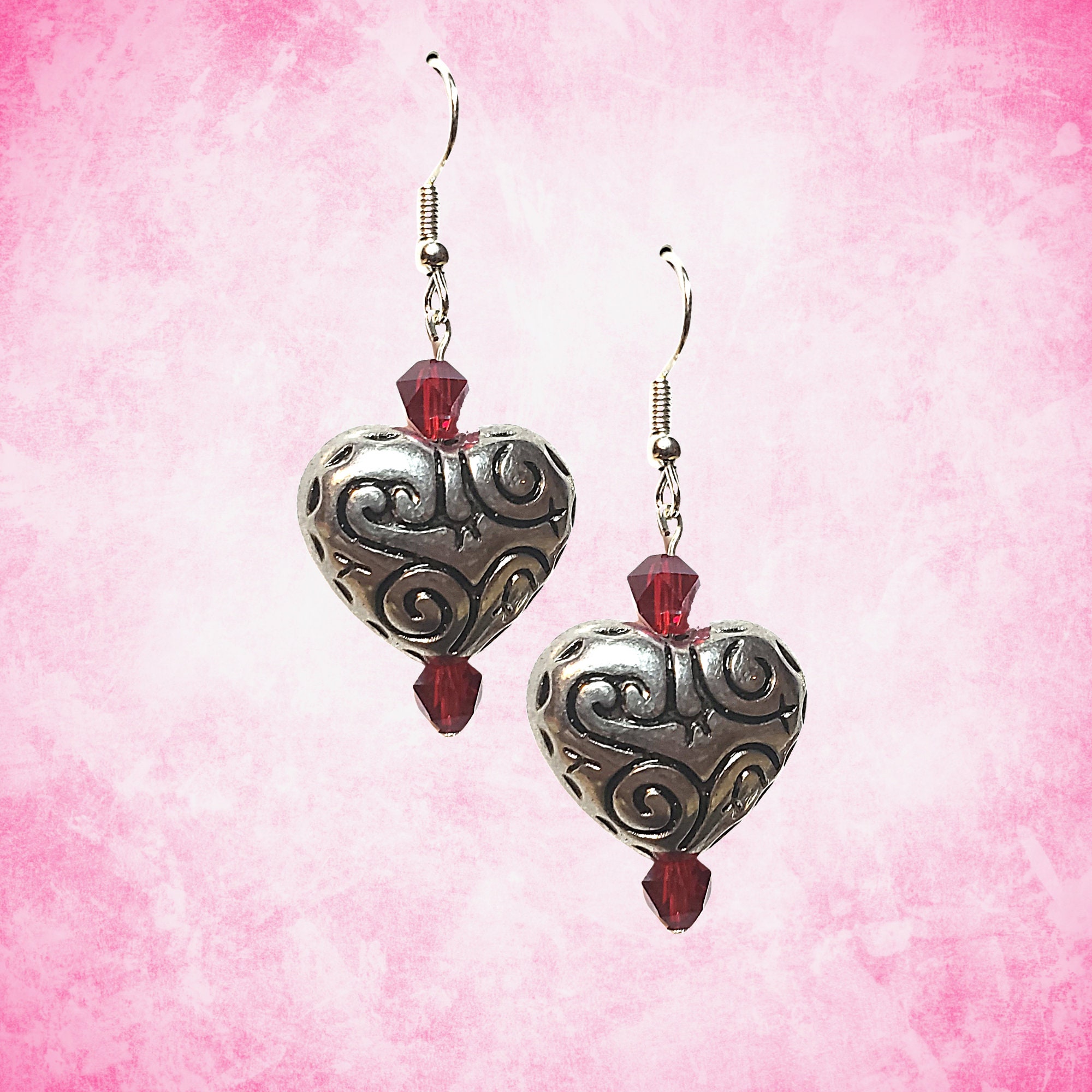 Silver Filigree Heart Earrings - Red Crystal Earrings - Heart Jewelry - Heart Gift -Mother's Day Gift - Valentine's Day Gift - Birthday Gift