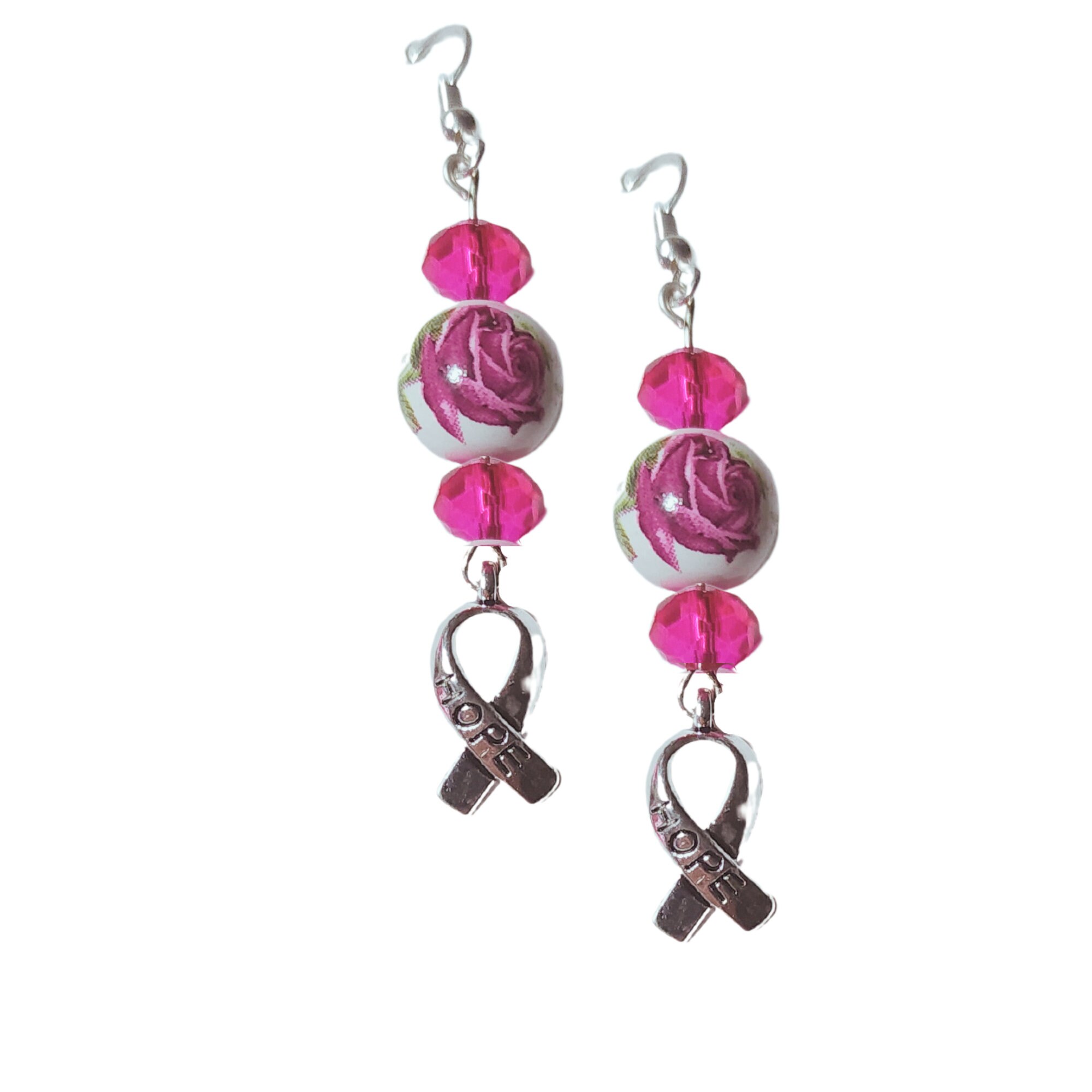 Breast Cancer Earrings-Silver HOPE Cancer Ribbon Earring-Lampwork Flower Crystal Awareness Jewelry - Breast Cancer Survivor Gift-Cancer Gift - Thumbnail 2