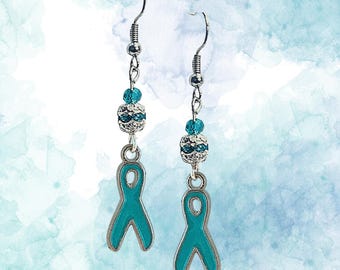 Teal Ribbon Cancer Awareness Earrings - Ovarian Cancer Awareness Earrings - Cervical Awareness Earrings - Teal Crystal Cancer Earrings Gift