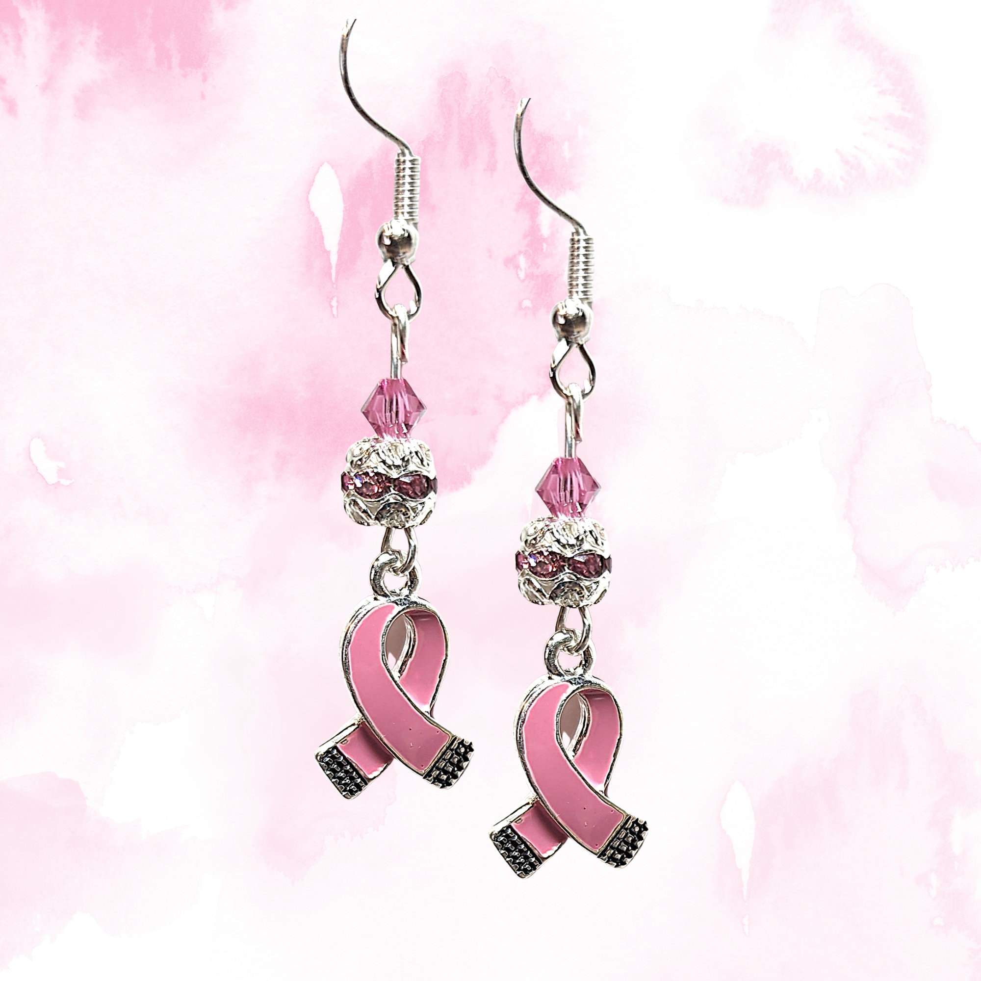Breast Cancer Awareness Earrings-Pink Cancer Ribbon Earrings-Pink Crystal Earrings-Breast Cancer Gift   - Elegant Pink Cancer Awareness Gift