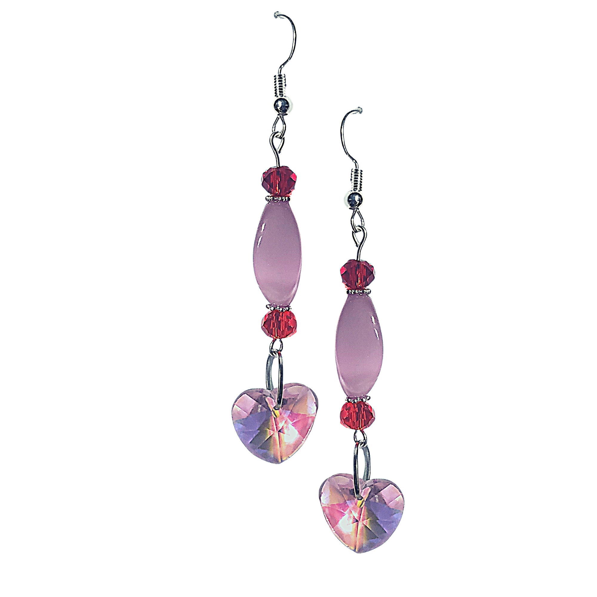 Pink Crystal Heart Earrings-Long Pink Crystal Earrings-Valentine's Gift-Mother's Day Gift -Pink Statement Earring -Pink Fancy Heart Earrings - Thumbnail 2