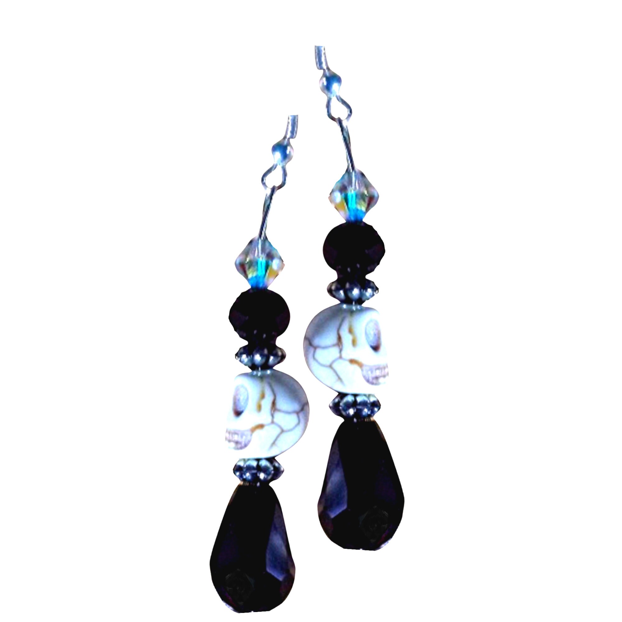 Halloween Earrings - Skull Earrings - Kawaii Earrings - Black Crystal Teardrop Earrings - Ivory Skull Earrings - Black Crystal Earrings