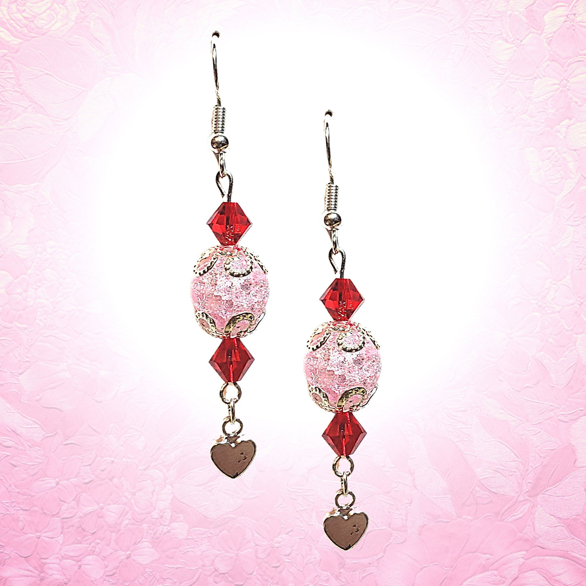 Silver Heart Earrings -Red Crystal Earrings -Pink Crystal Earrings -Crystal Heart Jewelry - Heart Gift - Valentine's Day Gift -Birthday Gift