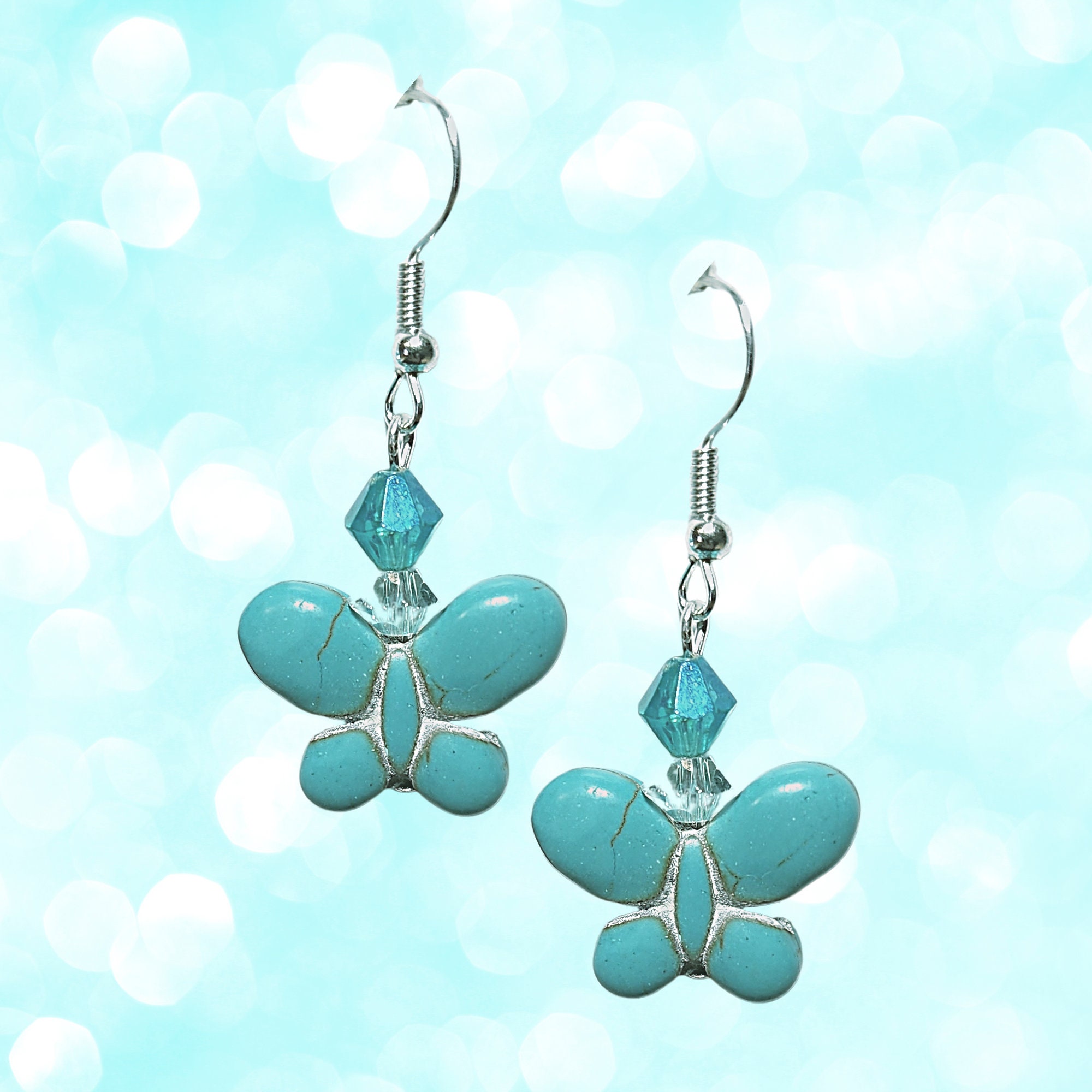 Butterfly Lovers Howlite Earrings - MANY COLORS - Colorful Butterfly Earrings-Spring Gift Earrings - Kawaii Earrings - Handmade Dangles - Thumbnail 4