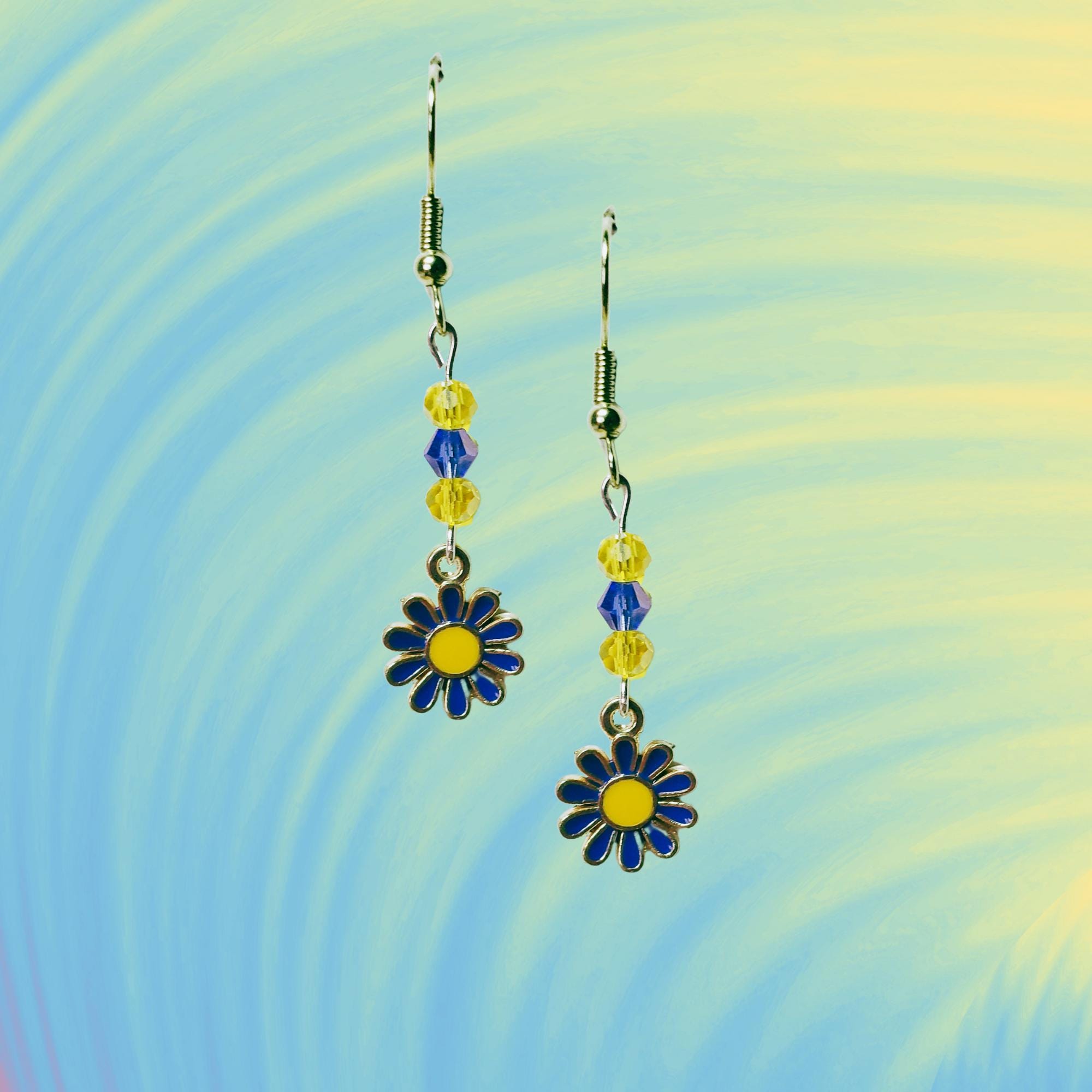 Daisy Earrings - Green Flower Earrings - Crystal Flower Earrings - Yellow Flower Earrings - Blue Flower Earrings - Kawaii Earrings - Thumbnail 2