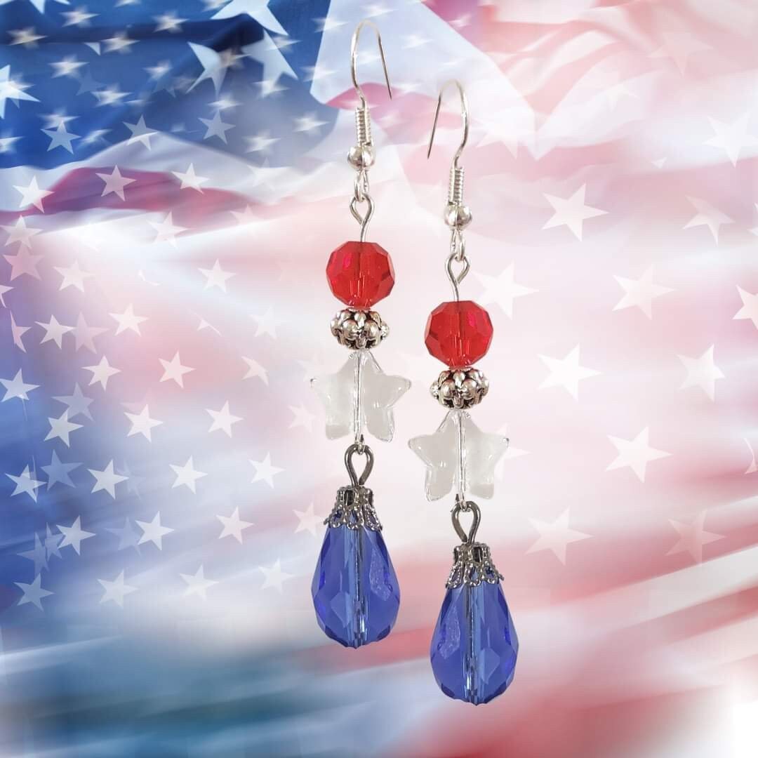 USA Red White Blue Stars Long Teardrops Patriotic Crystal Earrings - 4th of July Earrings - Independence Day Gift Earrings