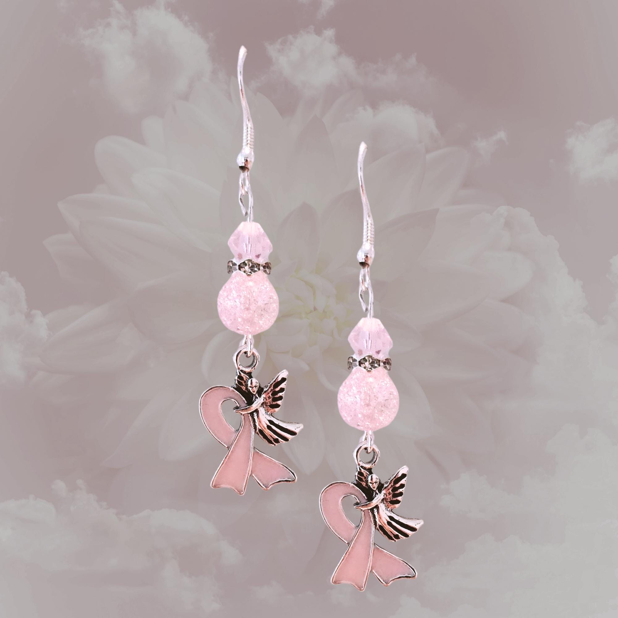 Pink Ribbon with Angel Breast Cancer Earrings - Pink Crystal Earrings - Elegant Pink Cancer Awareness Gift - Thumbnail 3