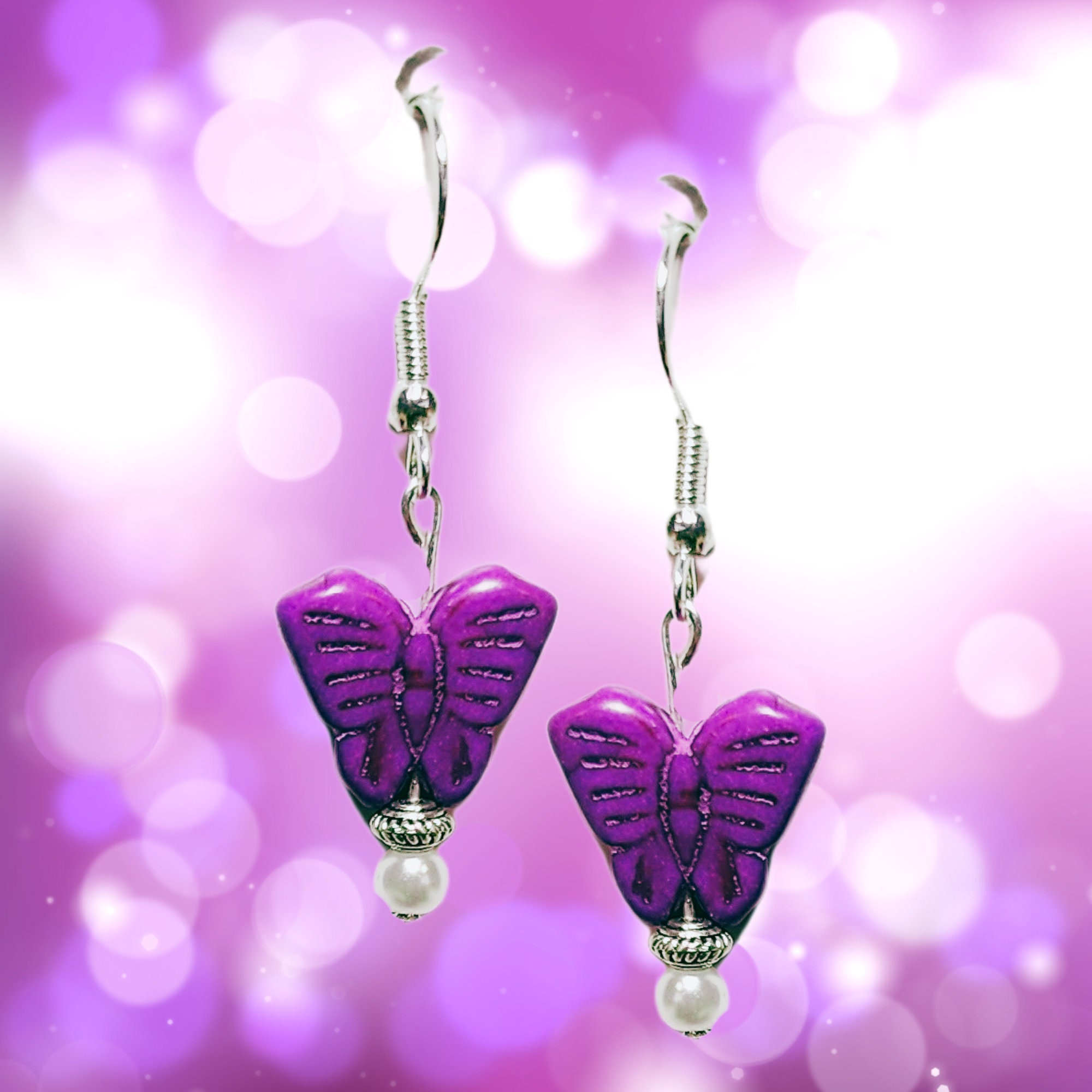 Butterfly Lovers Howlite Earrings - MANY COLORS - Colorful Butterfly Earrings-Spring Gift Earrings - Kawaii Earrings - Handmade Dangles - Thumbnail 2