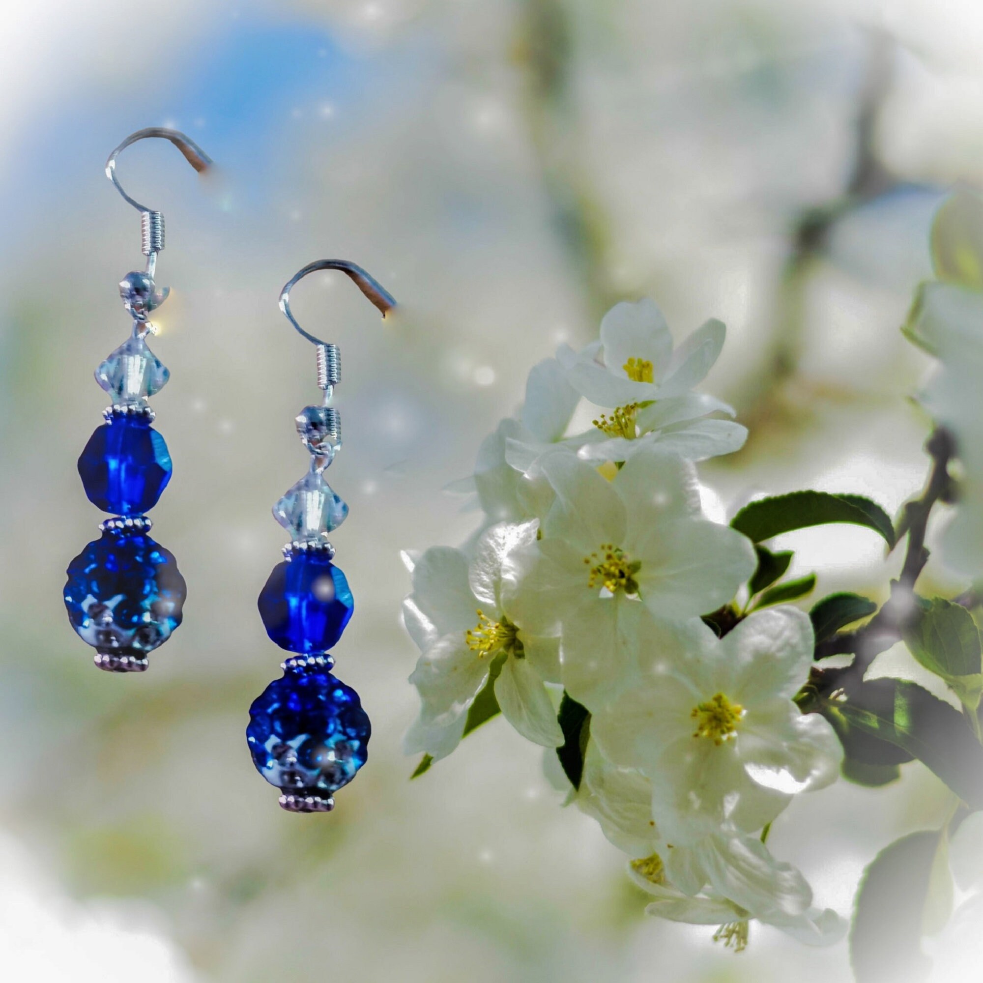 Blue Crystal Hook Earrings - Christmas Gift for Her - Birthday Gift Earrings - Dangle Earrings - Statement Earrings - Thumbnail 2