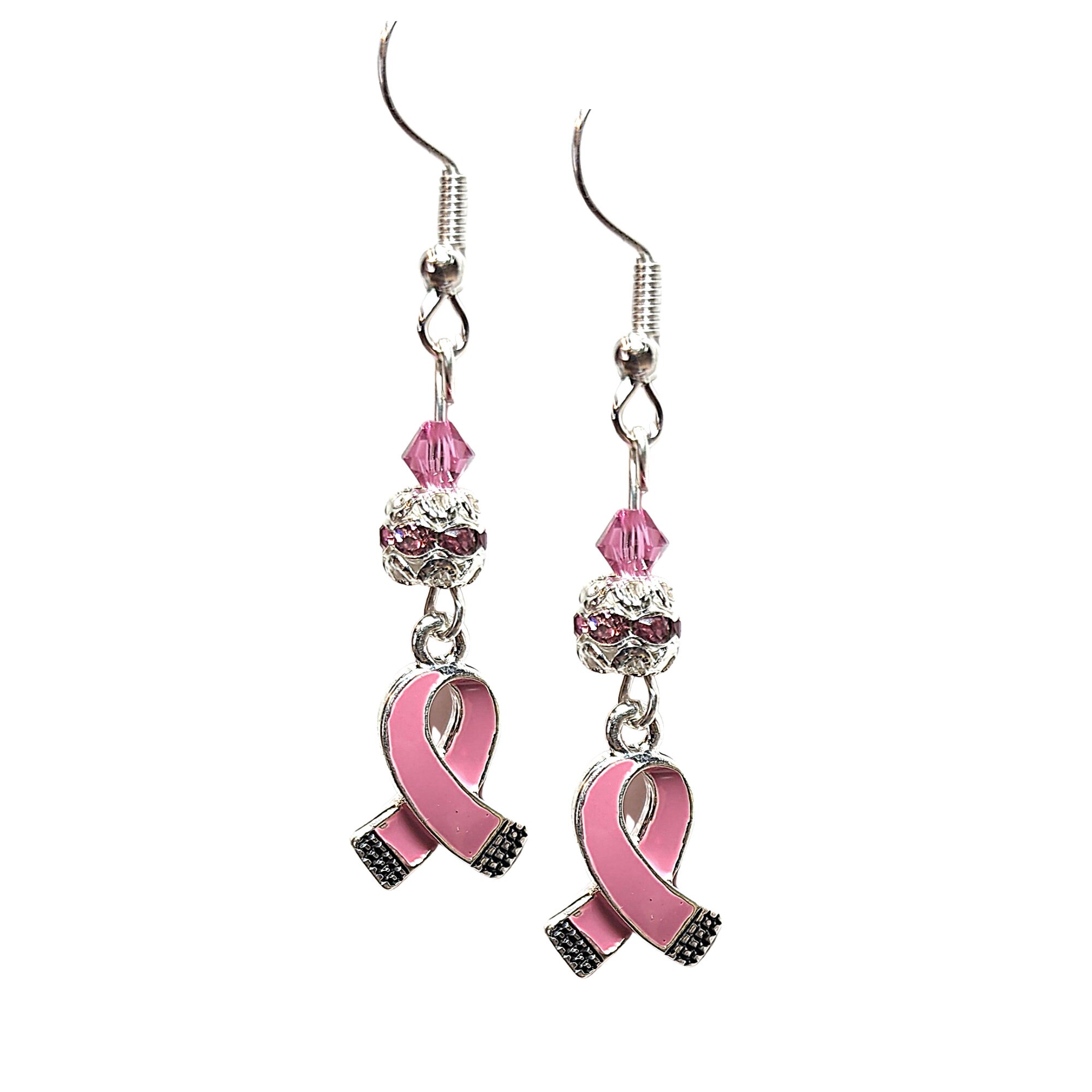 Breast Cancer Awareness Earrings-Pink Cancer Ribbon Earrings-Pink Crystal Earrings-Breast Cancer Gift   - Elegant Pink Cancer Awareness Gift - Thumbnail 2