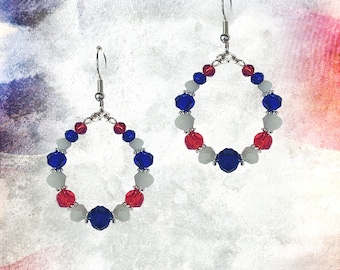 Patriotic Hoop Earrings -American Crystal Earrings -USA Patriotic Jewelry - 4th of July Earrings - Independence Day Gift- USA Colors Earring