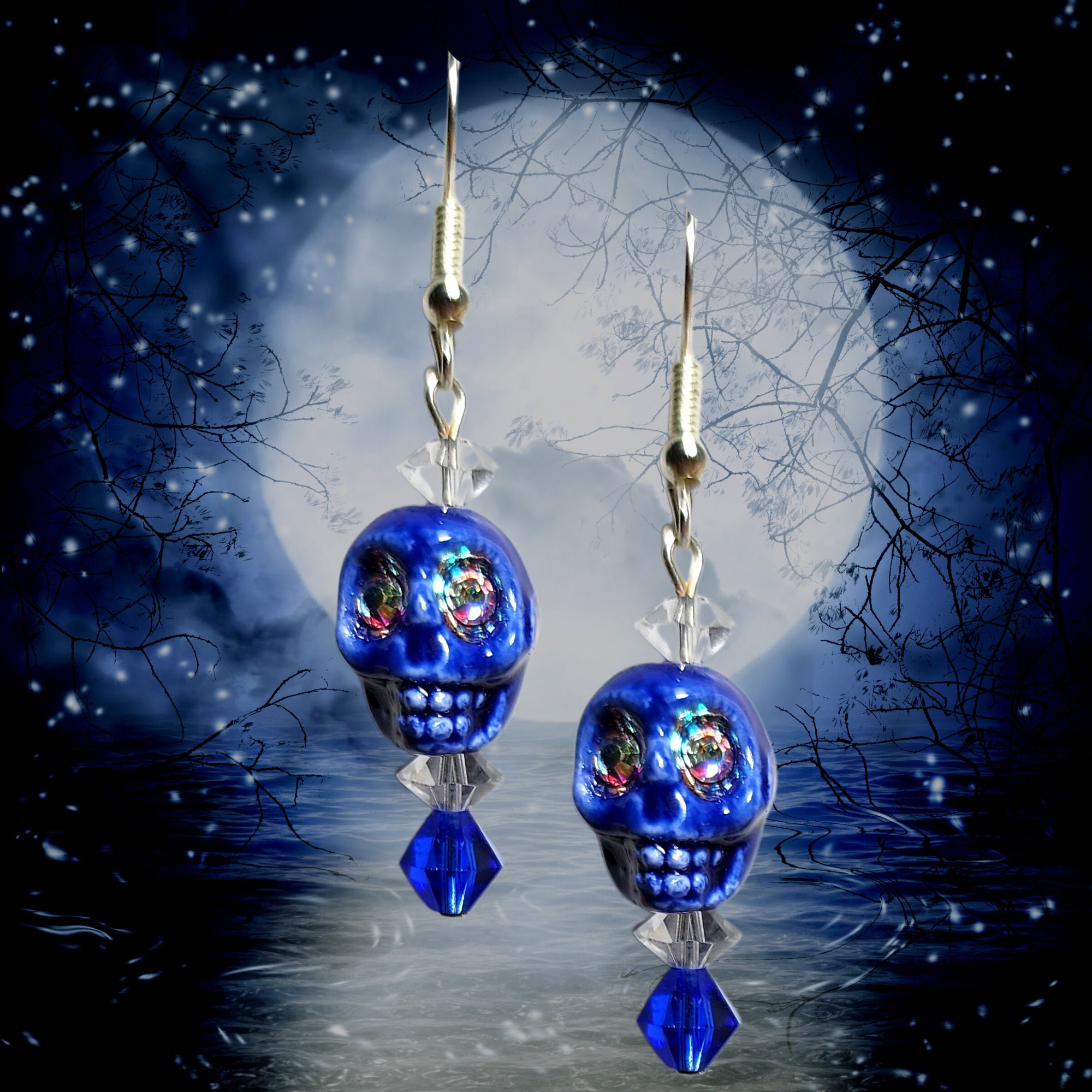 Halloween earrings - Colorful Skull Earrings - Crystal Skull Earrings (6 colors to choose from) - Crystal Eyed Skull Earrings - Thumbnail 4