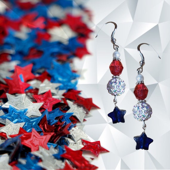 Patriotic Crystal Earrings - American Flag Star Earrings - USA Jewelry - Red White Blue Jewelry - July 4th Earrings - Independence Day Gift