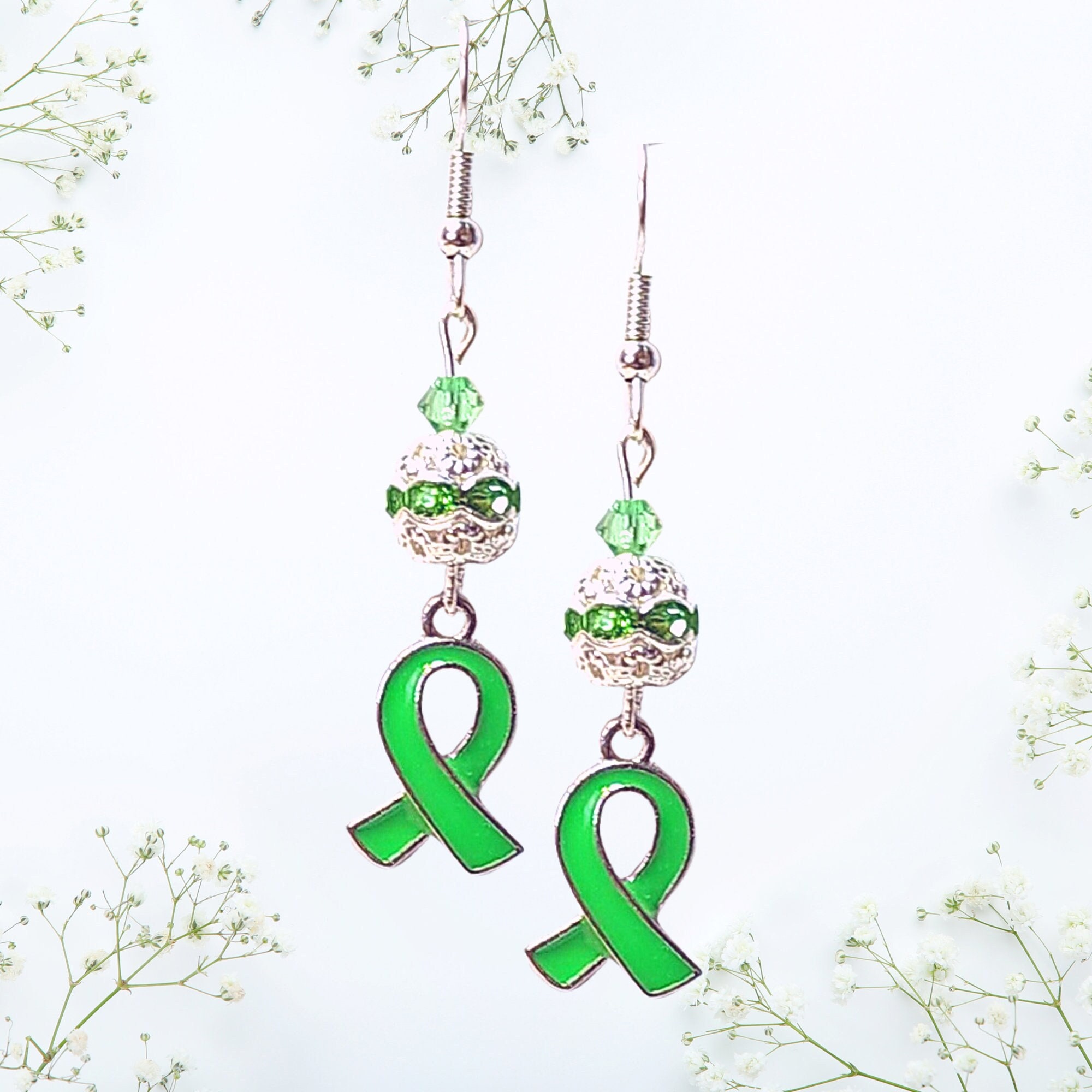 Green Ribbon Cancer Awareness Earrings-Liver Cancer Awareness Earrings-Cerebral Palsy Earrings-Eye Cancer Awareness Earrings-Cancer Gift