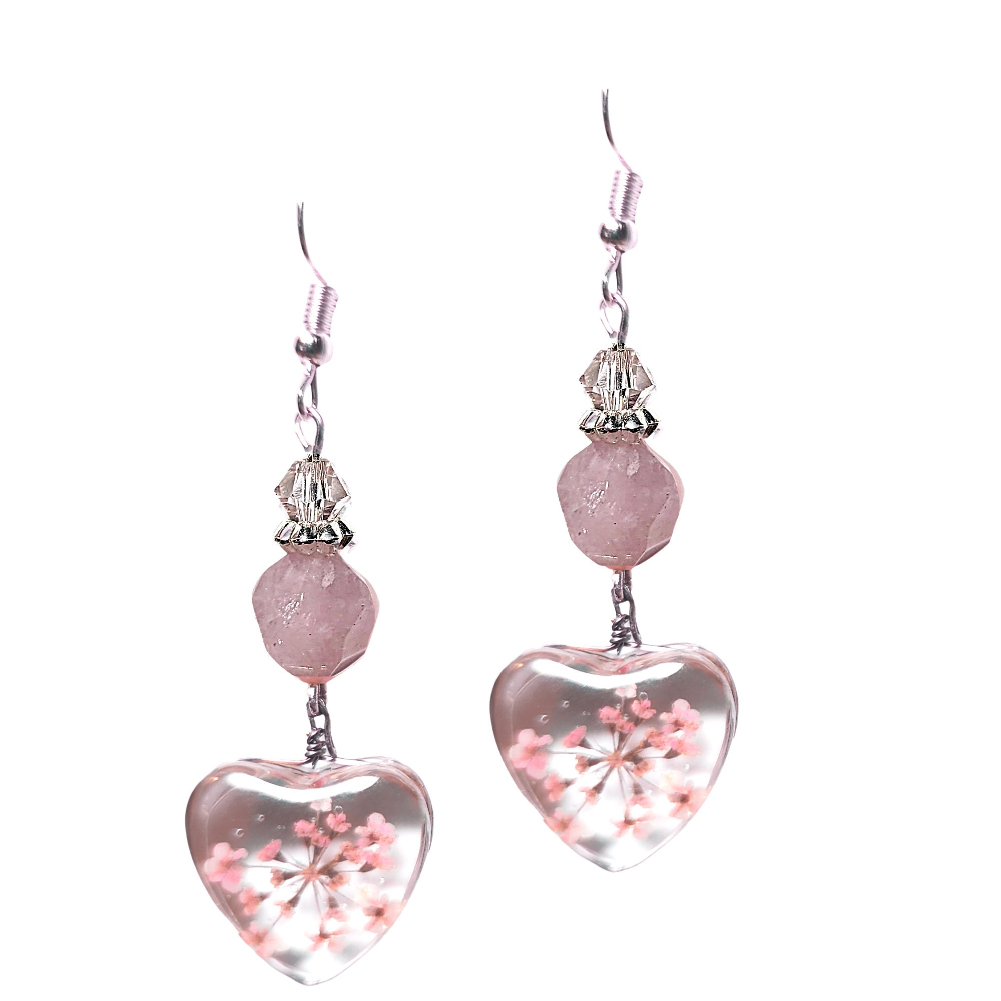 Pink Flower Resin Earrings - Dry Pressed Flower Resin Heart Earring - Pink Flower Earrings - Pink Crystal Earrings - Easter Flower Earrings - Thumbnail 2