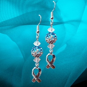 Cervical Cancer Awareness Earrings - Teal Rhinestone Cancer Ribbon Earrings - Long Teal Crystal Earrings - Ovarian Awareness Jewelry