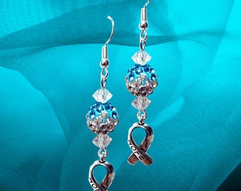 Cervical Cancer Awareness Earrings - Teal Rhinestone Cancer Ribbon Earrings - Long Teal Crystal Earrings - Ovarian Awareness Jewelry
