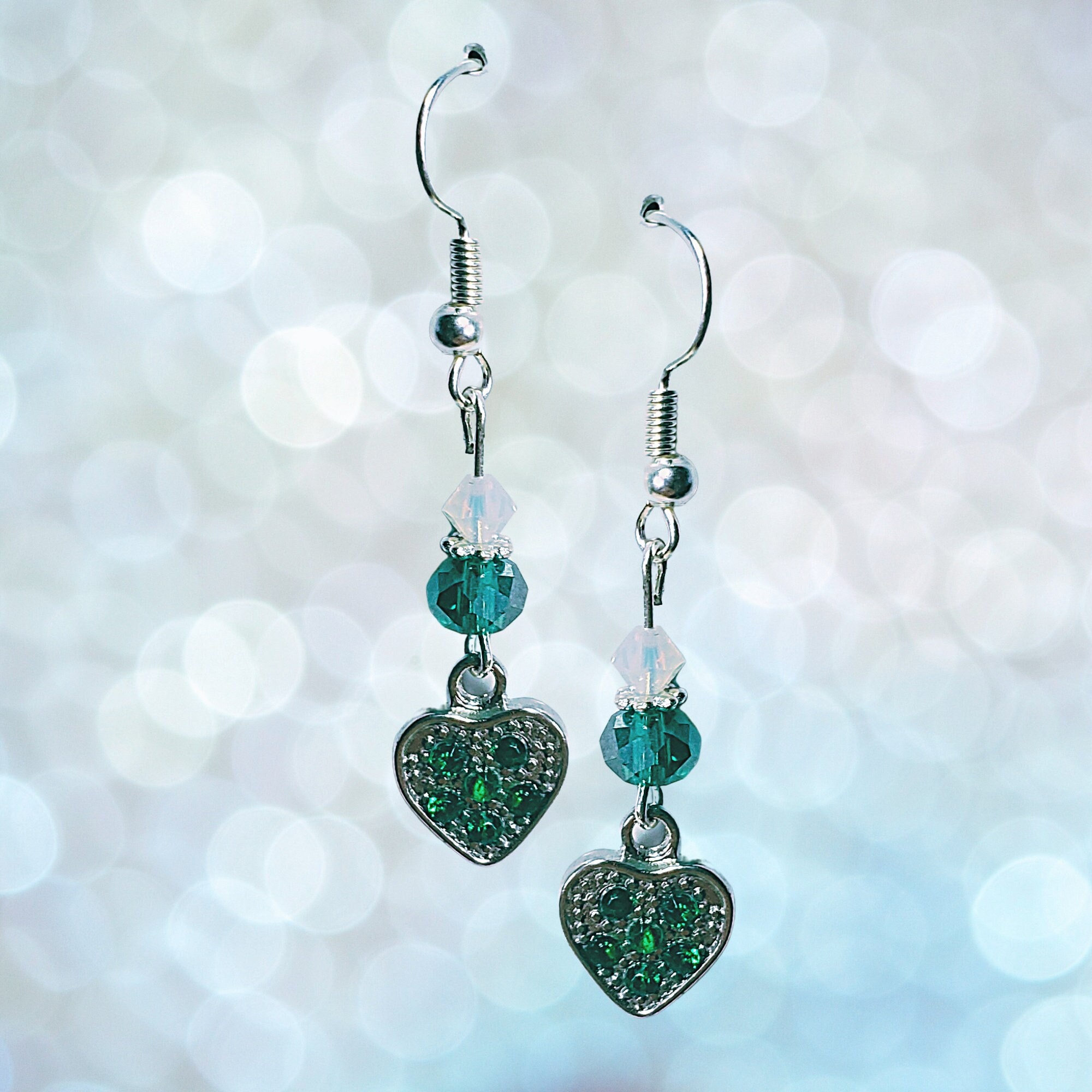 Silver Heart Earrings - Green Rhinestone Heart Earrings - Green Crystal Earrings - Heart Jewelry - St. Patrick's Day Earrings Gift