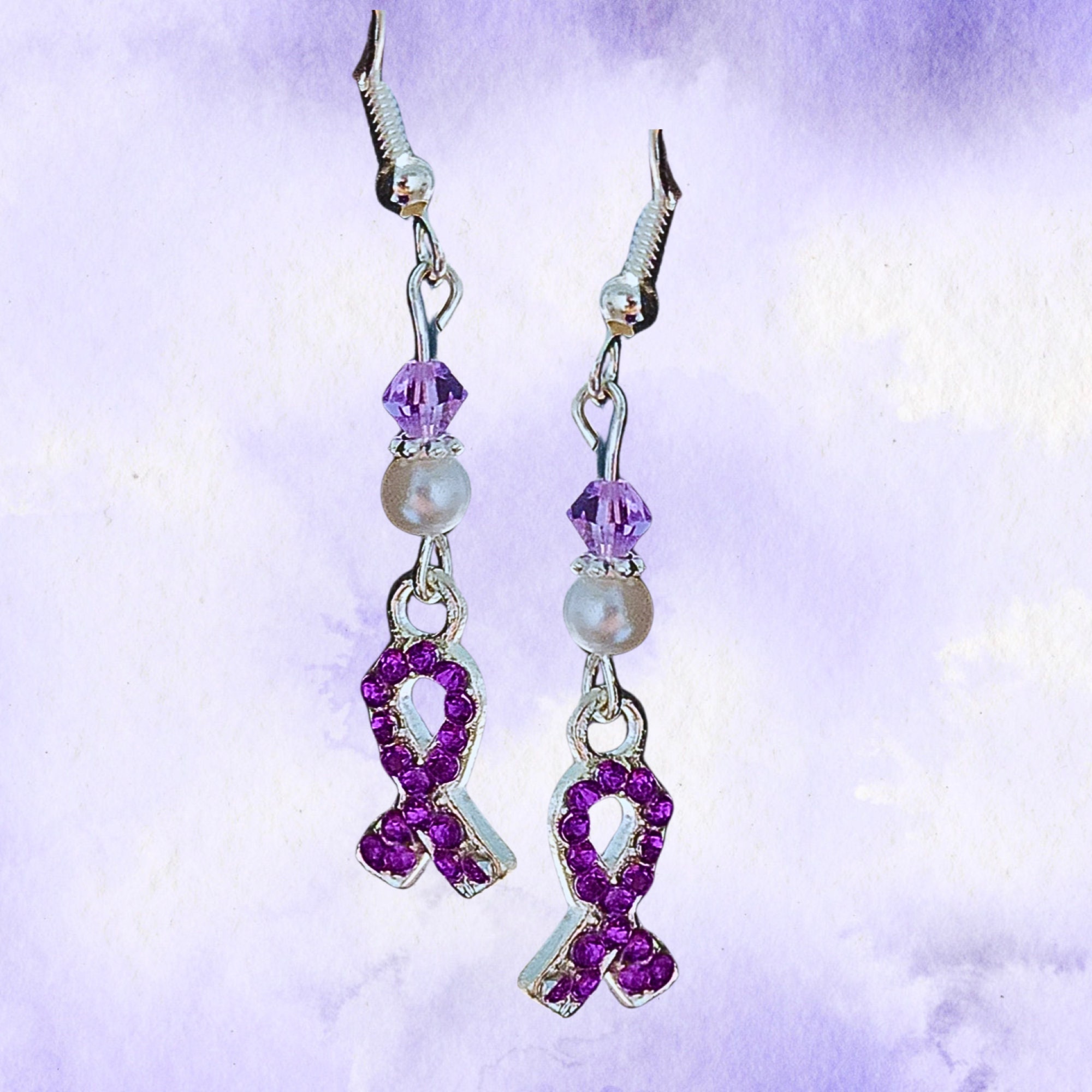 Purple Rhinestone Ribbon Cancer Awareness Earrings -Pancreatic Cancer Awareness Earrings-Lupus Awareness Earrings-Purple Crystal Cancer Gift