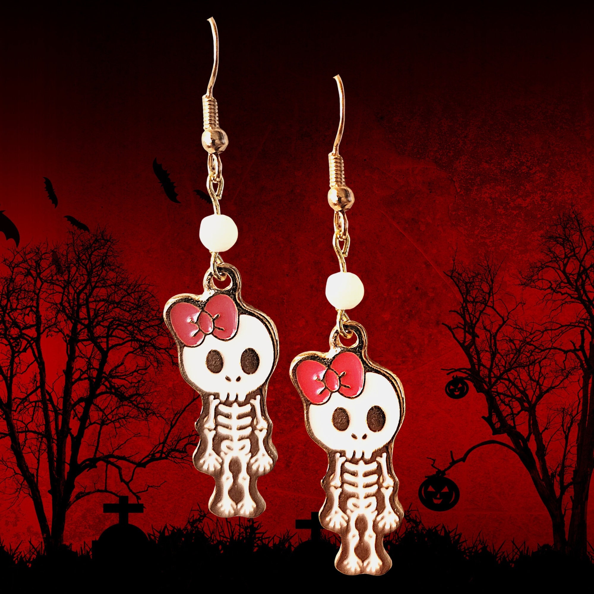Halloween Earrings - Girl Skeleton Earrings - White Skeleton Earring - Kawaii Earring - Halloween Gift Earrings - Goldtone Cartoon Skeletons
