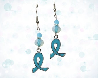 Teal Ribbon Cancer Awareness Earrings - Ovarian Cancer Awareness Earrings - Cervical Awareness Earrings - Teal Crystal Earrings Gift