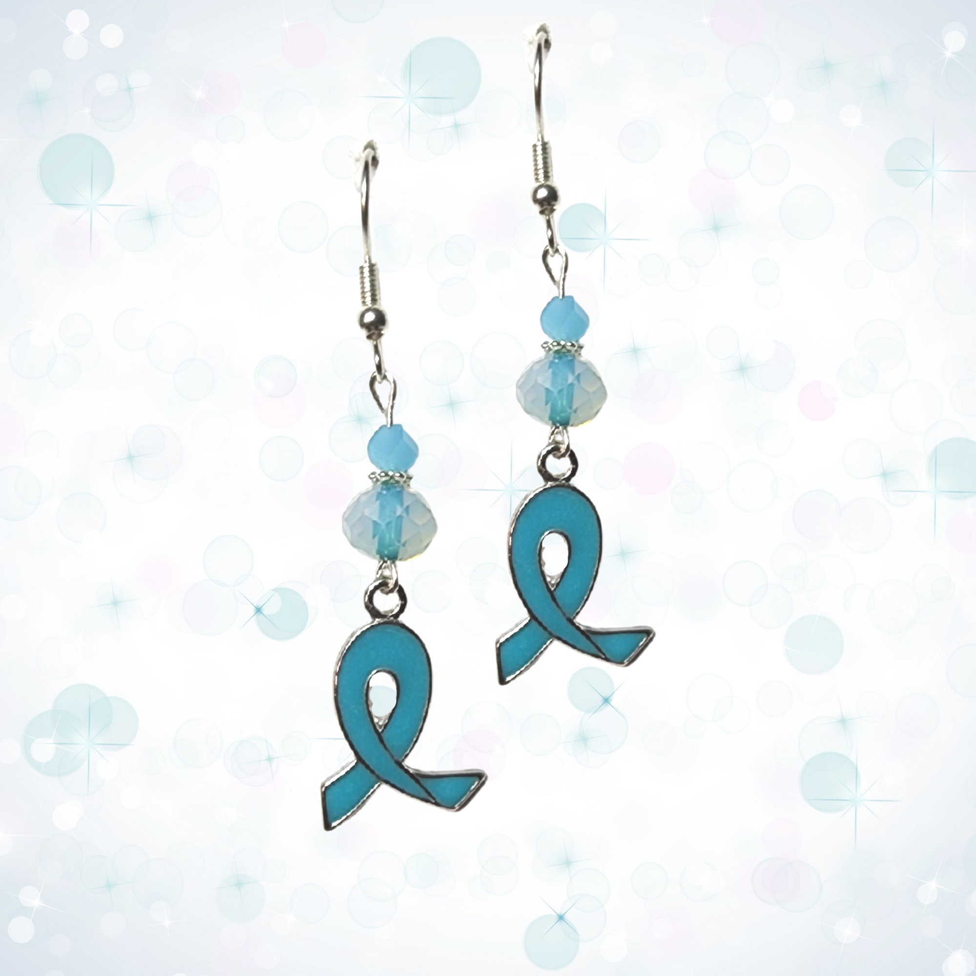 Teal Ribbon Cancer Awareness Earrings - Ovarian Cancer Awareness Earrings - Cervical Awareness Earrings - Teal Crystal Earrings Gift