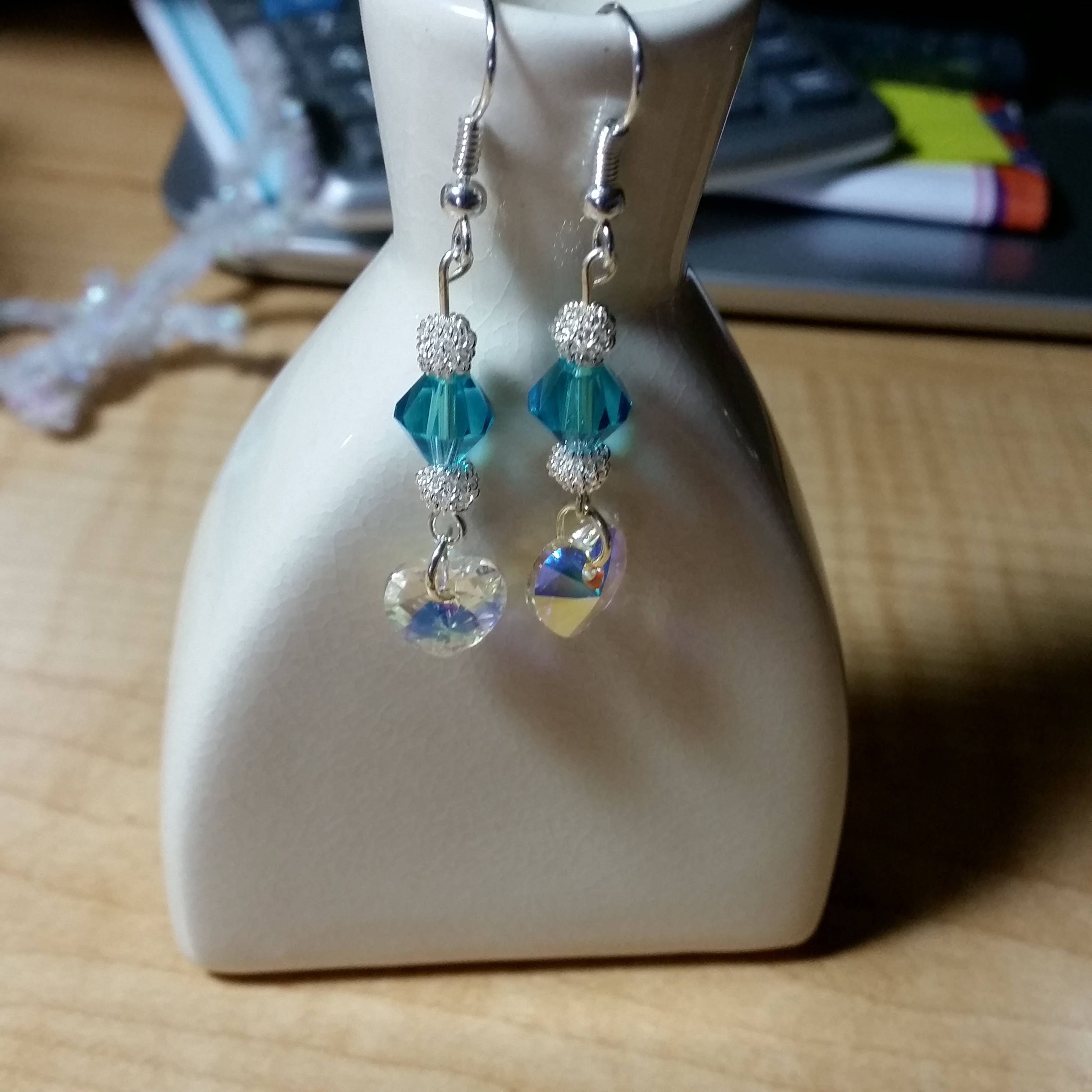 Handmade Swarovski Earrings - Blue Crystal Earrings - Crystal Heart Earrings - Statement Earrings - Christmas Gift - Birthday Gift - - Thumbnail 3