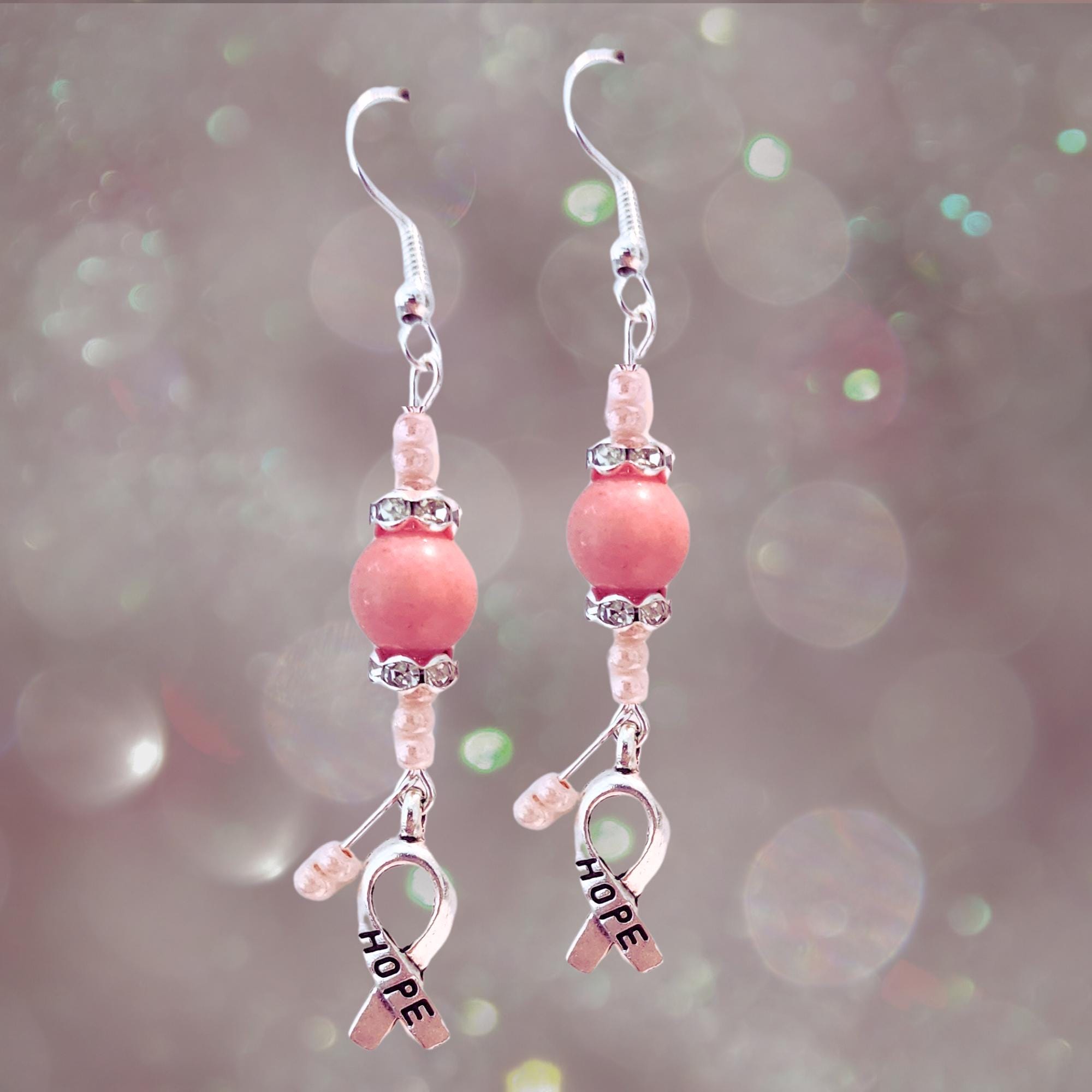 Peach Ribbon Cancer Awareness Earrings - ENDOMETRIAL Cancer Awareness Earrings - UTERINE Cancer Awareness Earrings - Crystal Cancer Gift