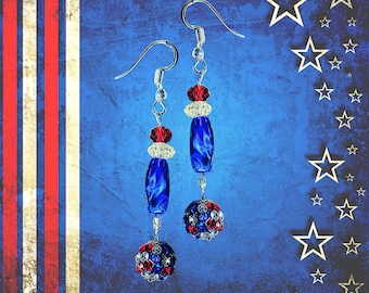USA Patriotic Long Crystal Earrings - Red White Blue Holiday Jewelry - July 4th Earrings - Independence Day Gift