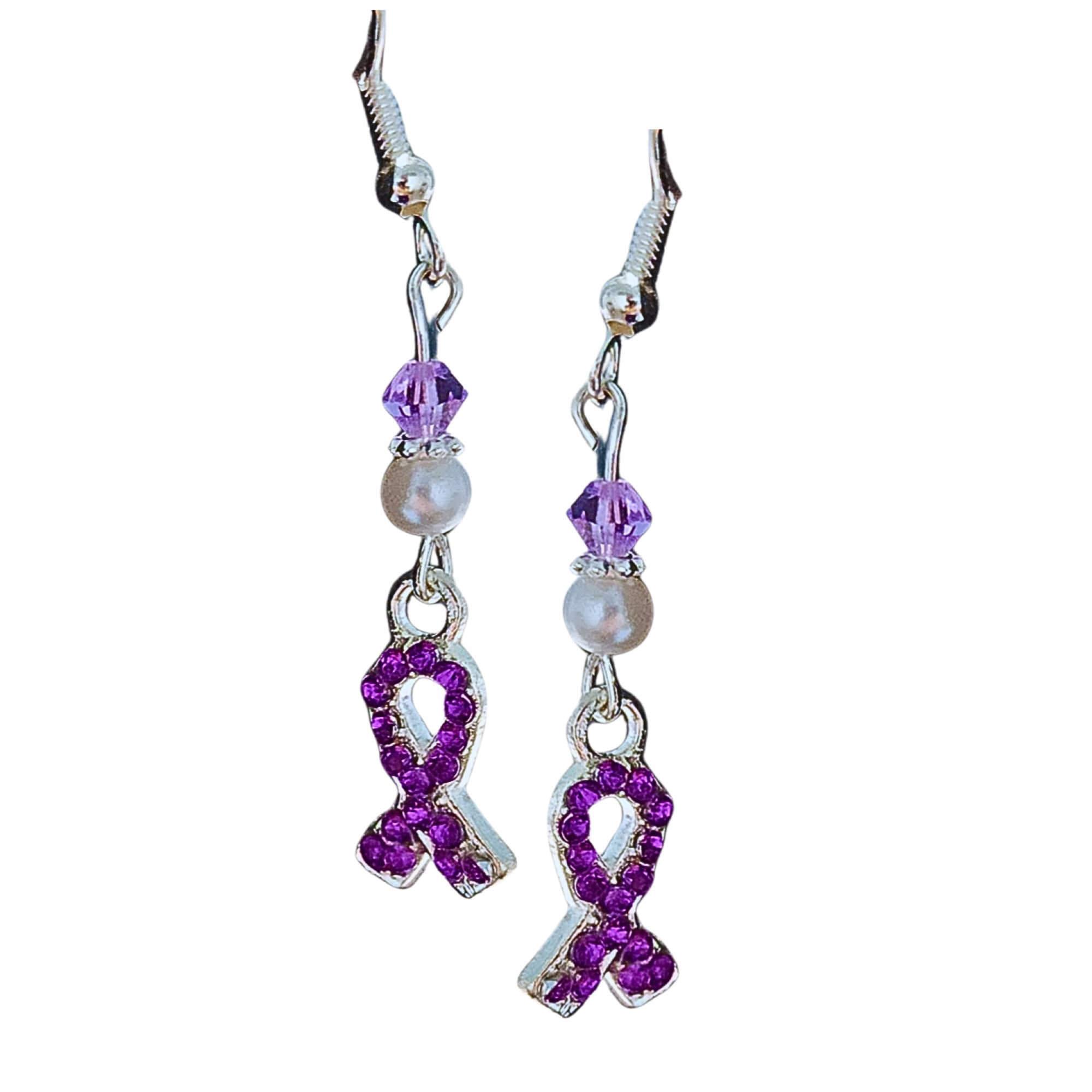 Purple Rhinestone Ribbon Cancer Awareness Earrings -Pancreatic Cancer Awareness Earrings-Lupus Awareness Earrings-Purple Crystal Cancer Gift - Thumbnail 2