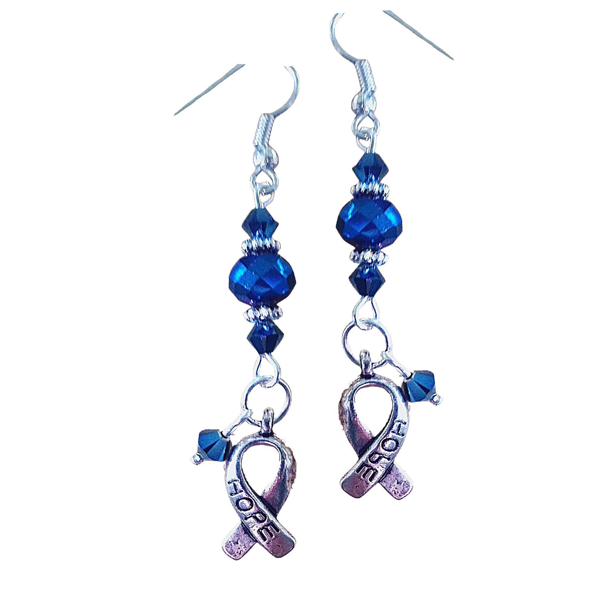 Silver Hope Ribbon Cancer Earrings-Colon Cancer Awareness Earrings-Blue Crystal Earrings-Diabetes Awareness Jewelry-Prostate Cancer Earrings