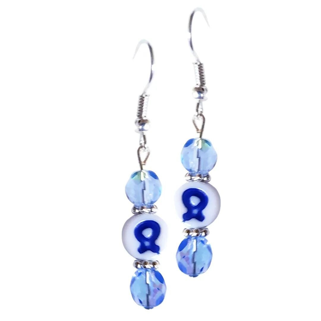 Colon Cancer Awareness Earrings-Blue Ribbon Cancer Earrings-Blue Crystal Earring-Diabetes Awareness Jewelry-Prostate Cancer Gift-Cancer Gift