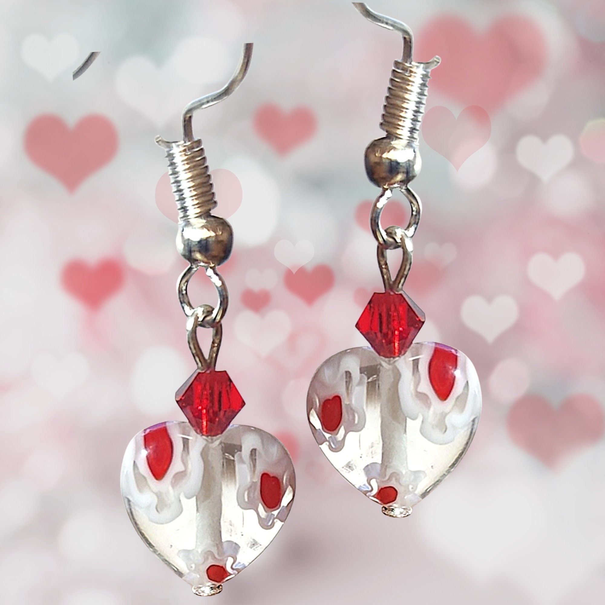 White Heart Earrings - Red Crystal Earrings -Drop Valentine's Day Earrings -Red Heart Earrings -Valentine's Day Gift -Birthday Gift Earrings