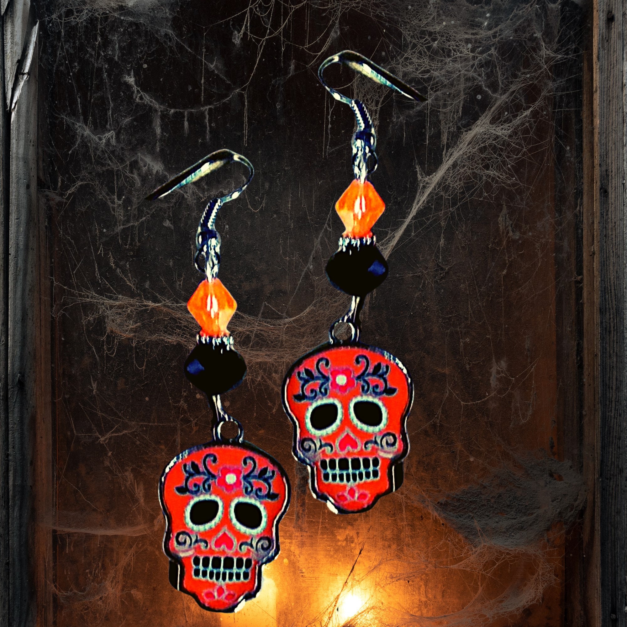 Halloween Earrings-Colorful Skull Earrings-Day of the Dead Skull Earrings (5 colors to choose from)-Kawaii Earrings-Halloween Gift Earrings - Thumbnail 3