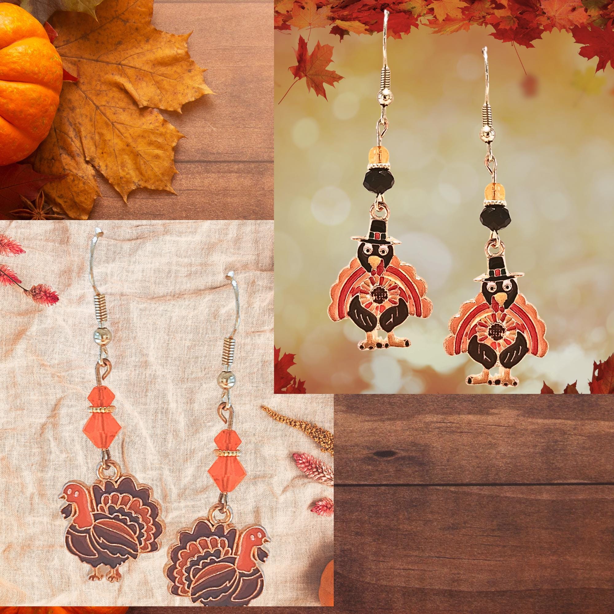 Thanksgiving Turkey Earrings - Goldtone Colorful Enamel Turkey Fall Jewelry - Kawaii Earrings - Cute Turkey Earrings Gift