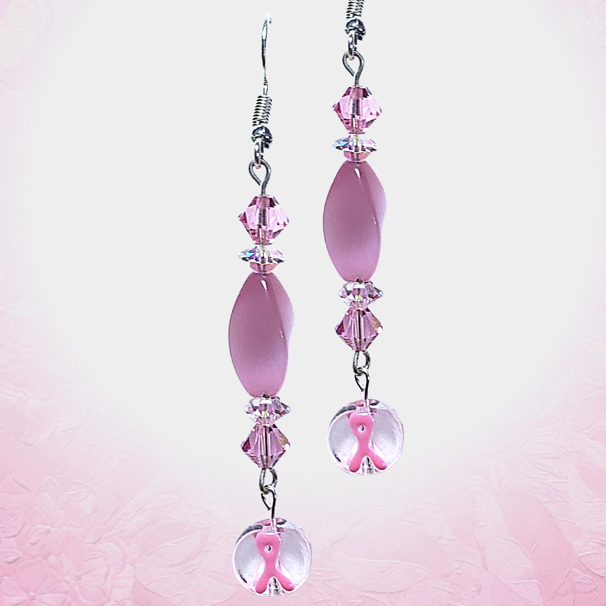 Breast Cancer Earrings - cancer Awareness Pink Ribbon Earrings - Long Pink Crystal Earrings-Breast Cancer Ribbon Earrings-Breast Cancer Gift