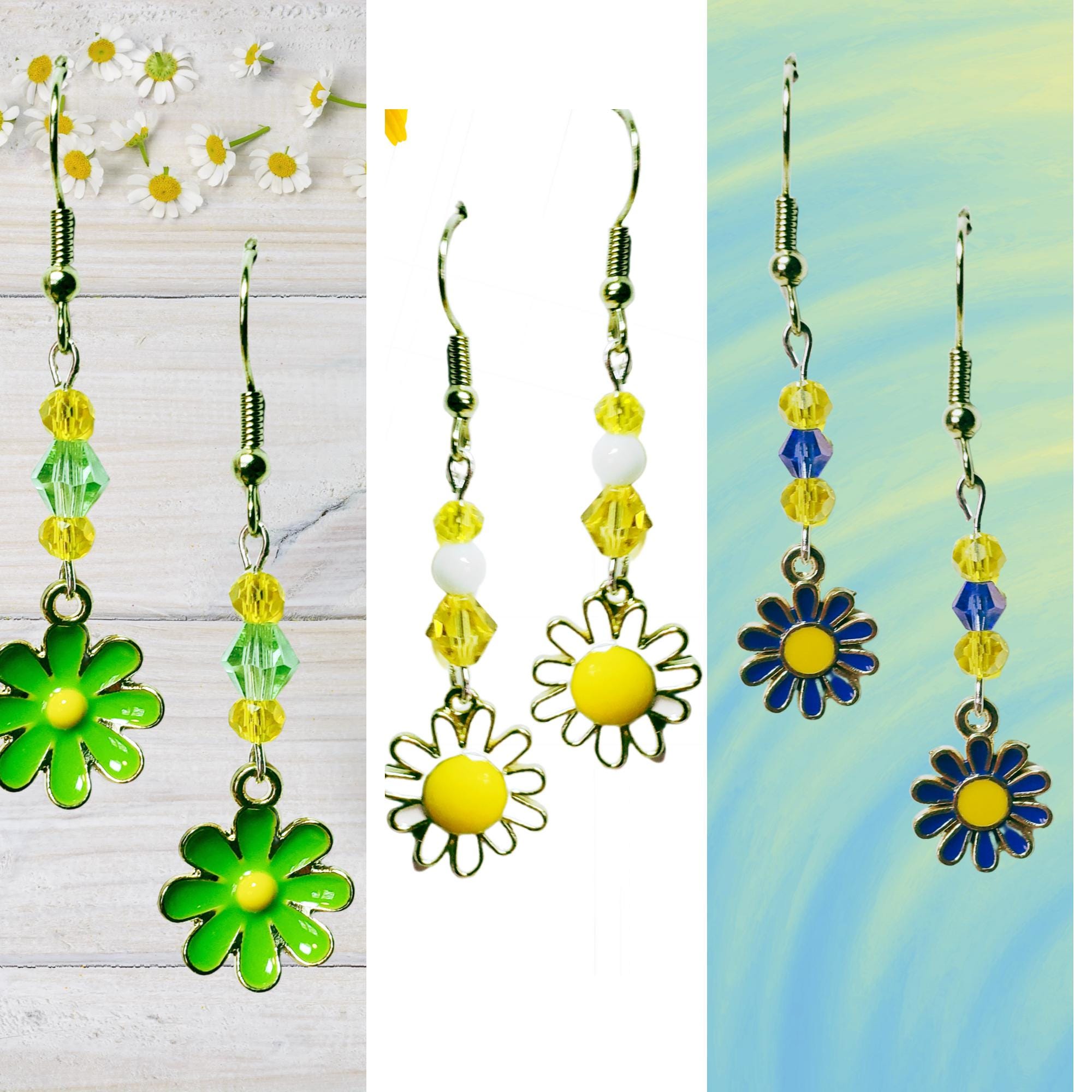 Daisy Earrings - Green Flower Earrings - Crystal Flower Earrings - Yellow Flower Earrings - Blue Flower Earrings - Kawaii Earrings
