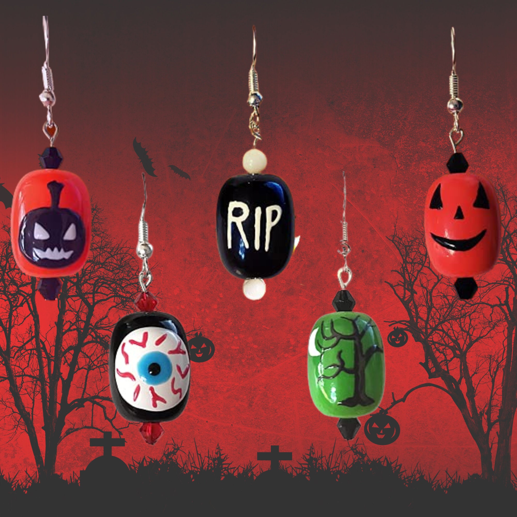 Halloween Earrings - Halloween Theme Stone Earrings - Bloody Eyes Earrings - Pumpkin Earrings- RIP Earrings - Kawaii Earrings-Halloween Gift