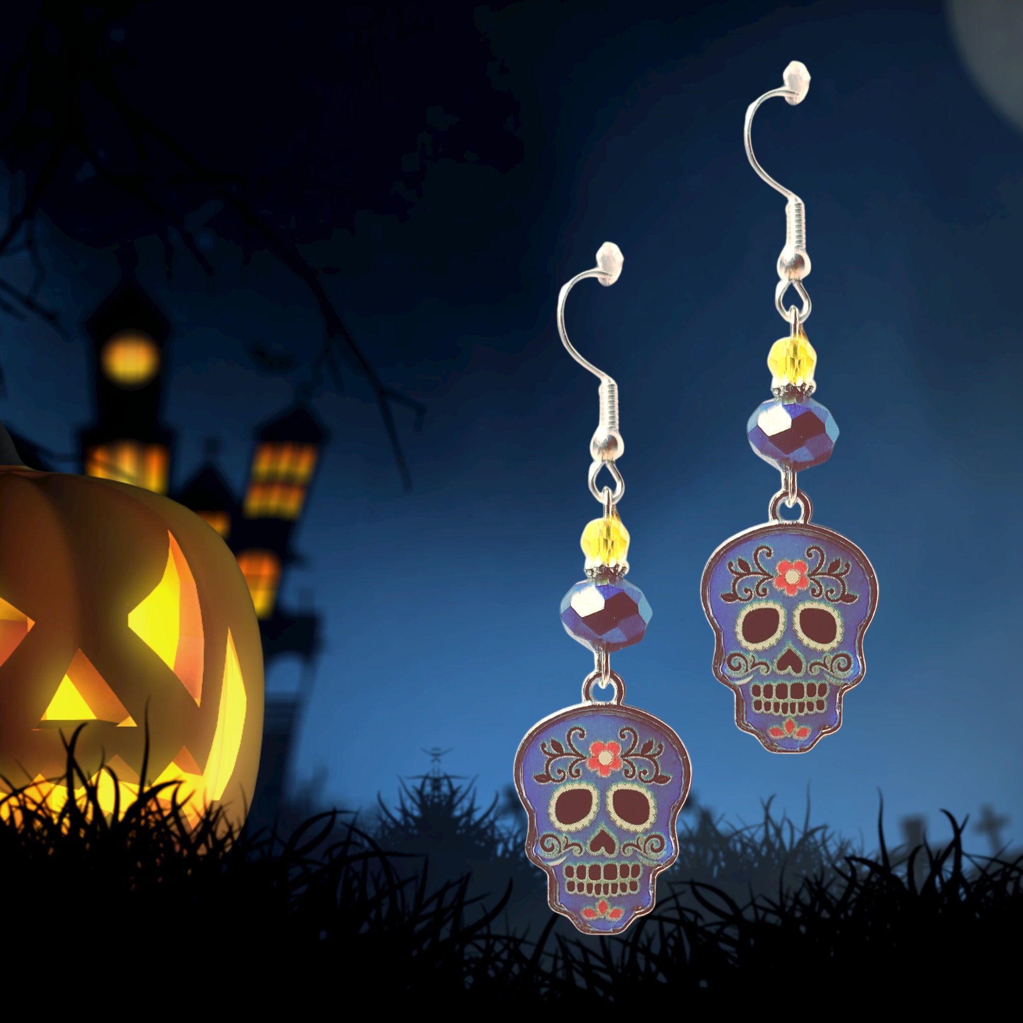 Halloween Earrings-Colorful Skull Earrings-Day of the Dead Skull Earrings (5 colors to choose from)-Kawaii Earrings-Halloween Gift Earrings - Thumbnail 5